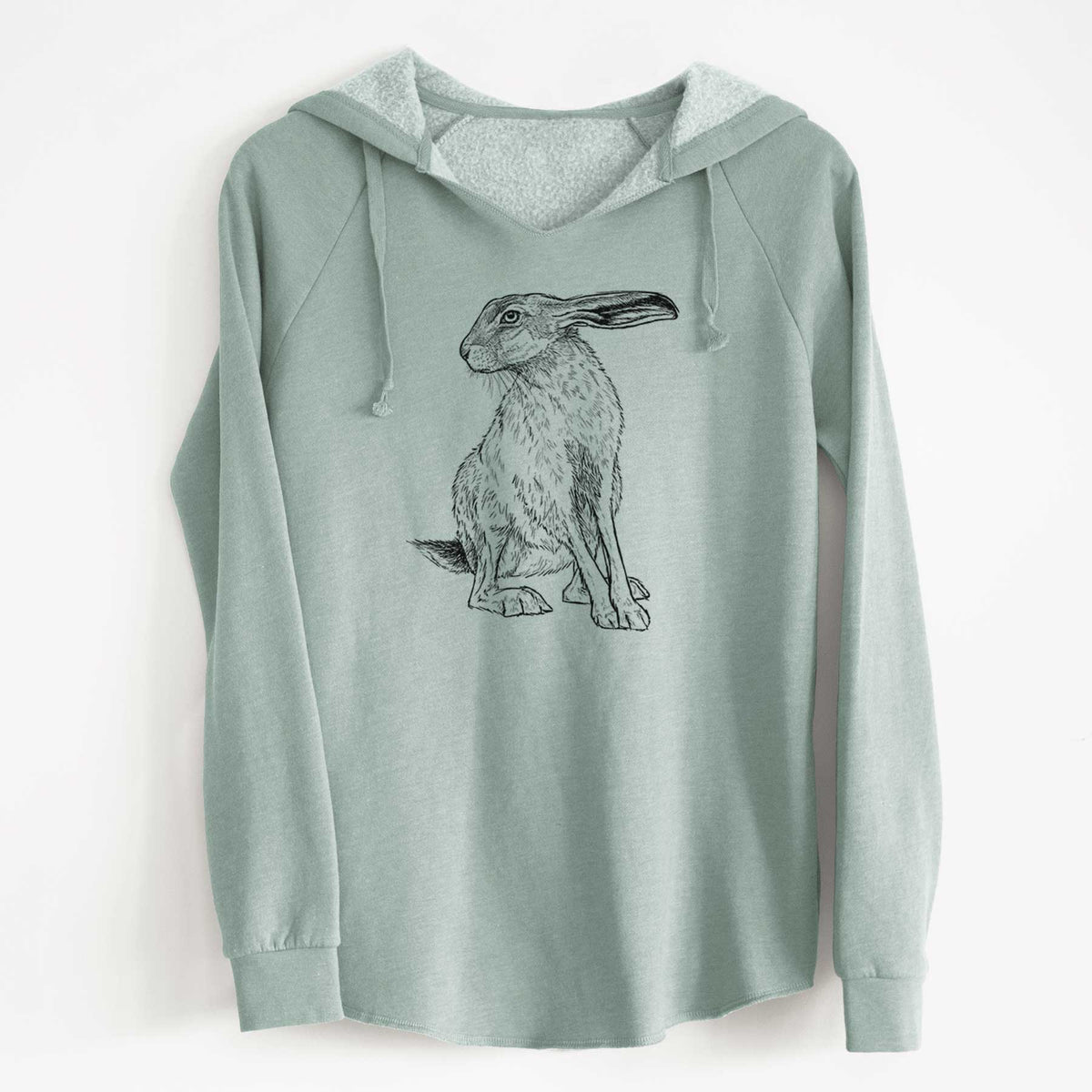Sage green women's Cali Wave hooded sweatshirt laid flat, printed with a detailed black ink illustration of a black-tailed jackrabbit sitting with long upright ears.