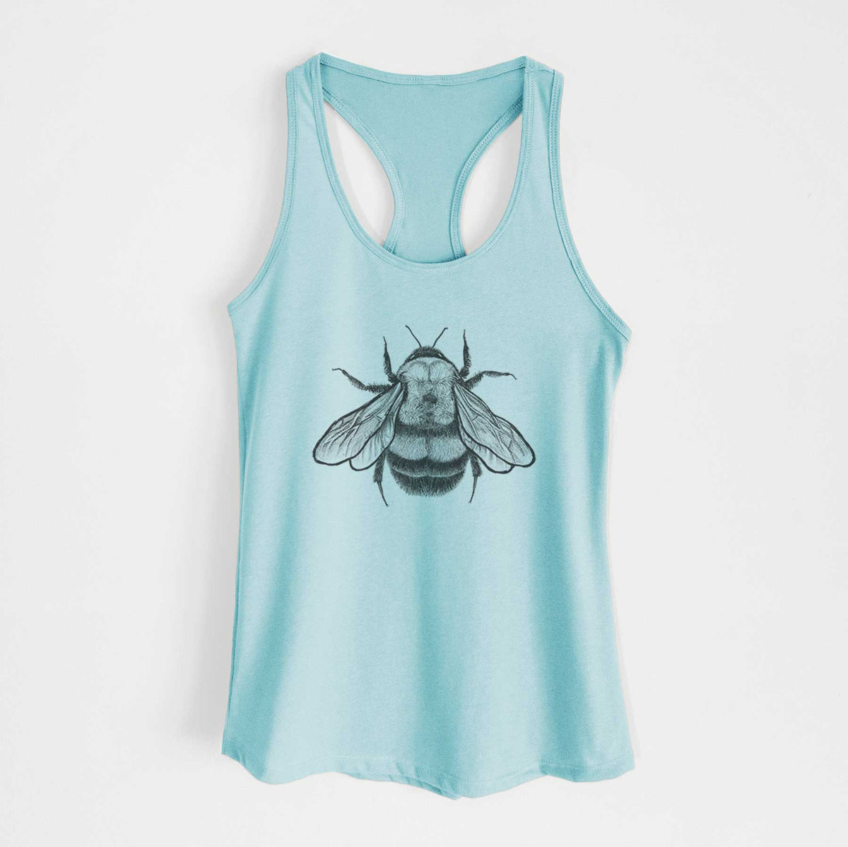 Cancun blue women's racerback tank top laid flat, printed with a detailed black ink illustration of a rusty patched bumble bee with its wings spread, seen from above.