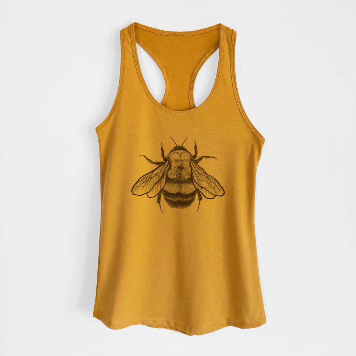 Gold women's racerback tank top laid flat, printed with a detailed black ink illustration of a rusty patched bumble bee with its wings spread, seen from above.
