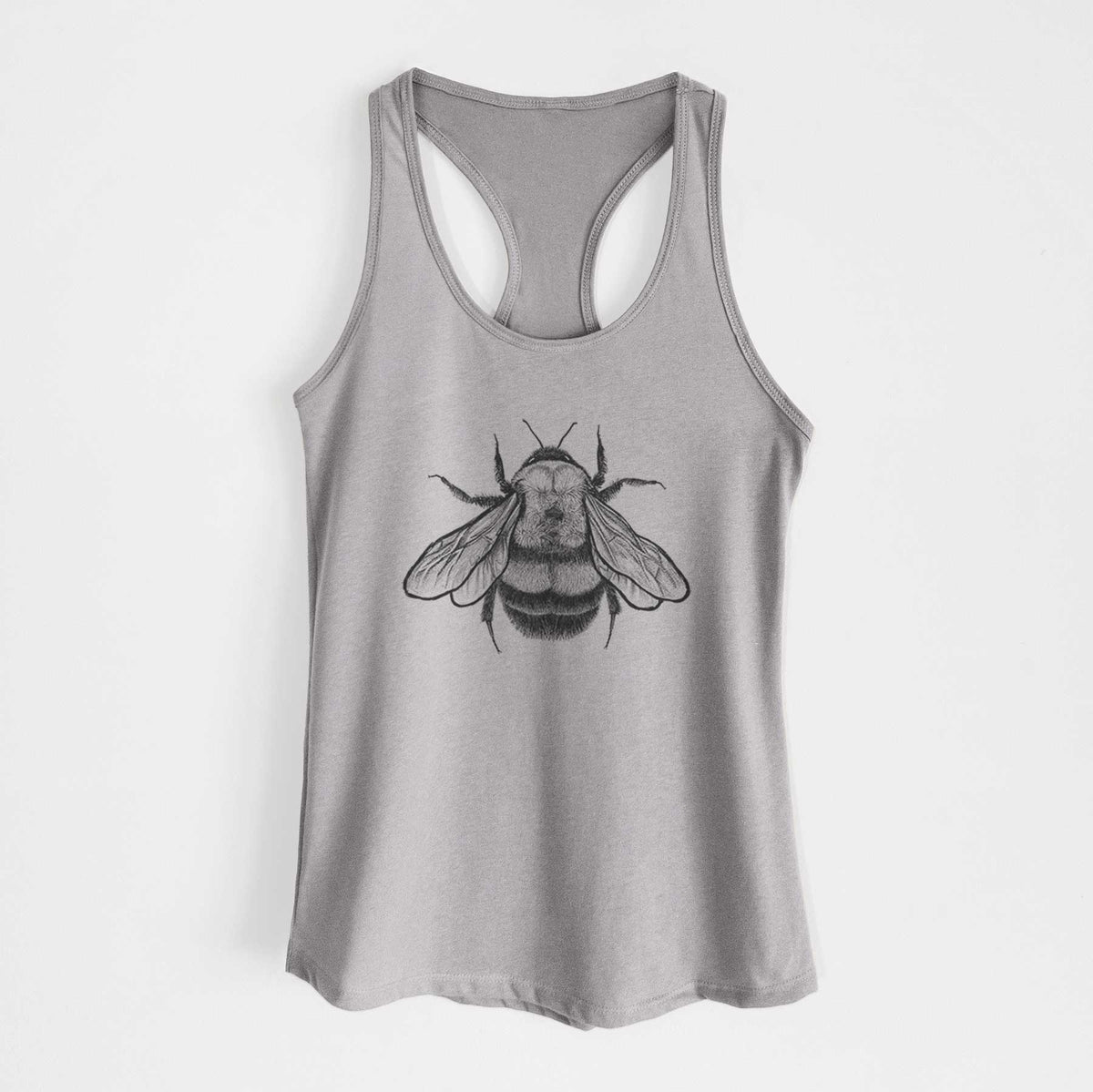 Heather grey women's racerback tank top laid flat, printed with a detailed black ink illustration of a rusty patched bumble bee with its wings spread, seen from above.