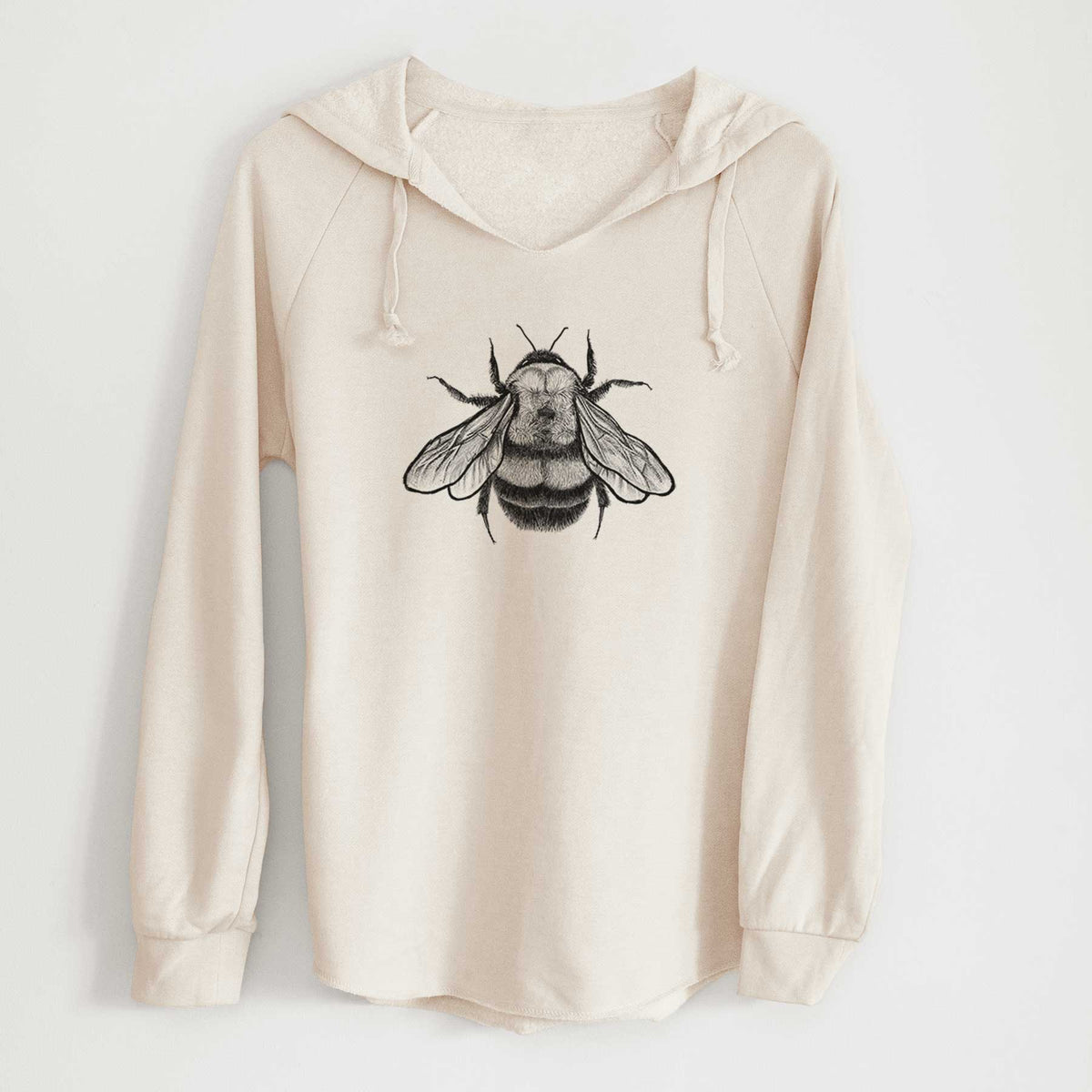 Bone cream women's Cali Wave hooded sweatshirt laid flat, printed with a detailed black ink illustration of a rusty patched bumble bee with its wings spread, seen from above.