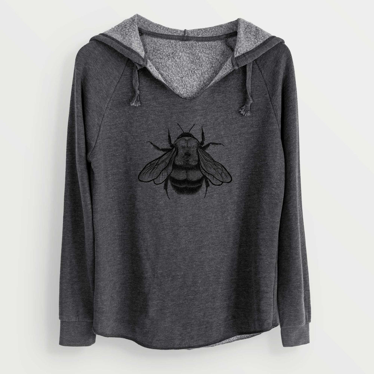 Charcoal grey women's Cali Wave hooded sweatshirt laid flat, printed with a detailed black ink illustration of a rusty patched bumble bee with its wings spread, seen from above.