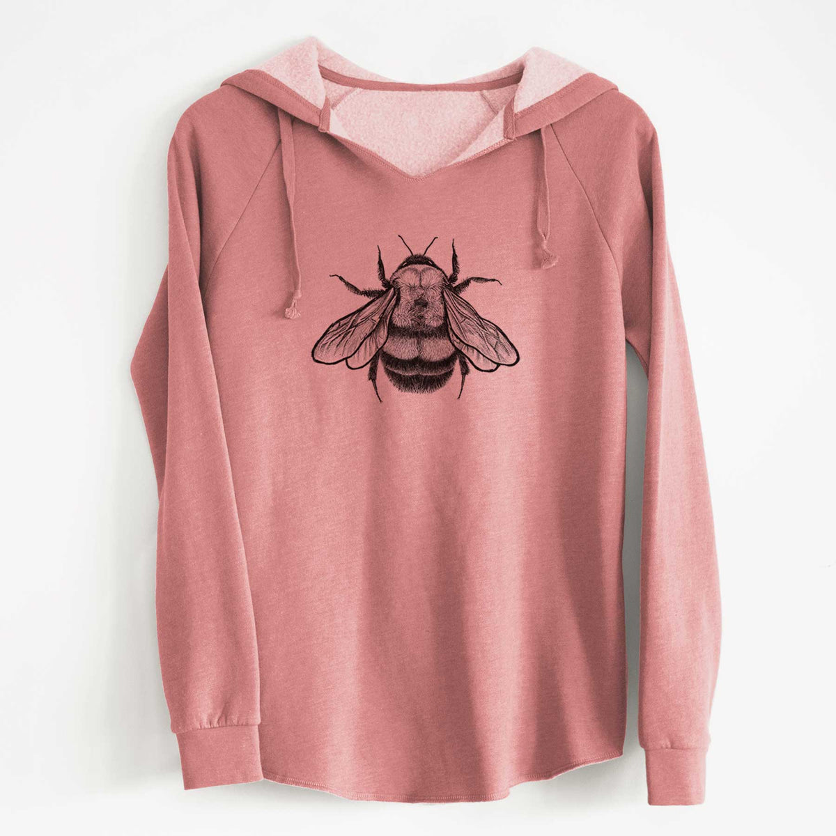 Dusty rose women's Cali Wave hooded sweatshirt laid flat, printed with a detailed black ink illustration of a rusty patched bumble bee with its wings spread, seen from above.