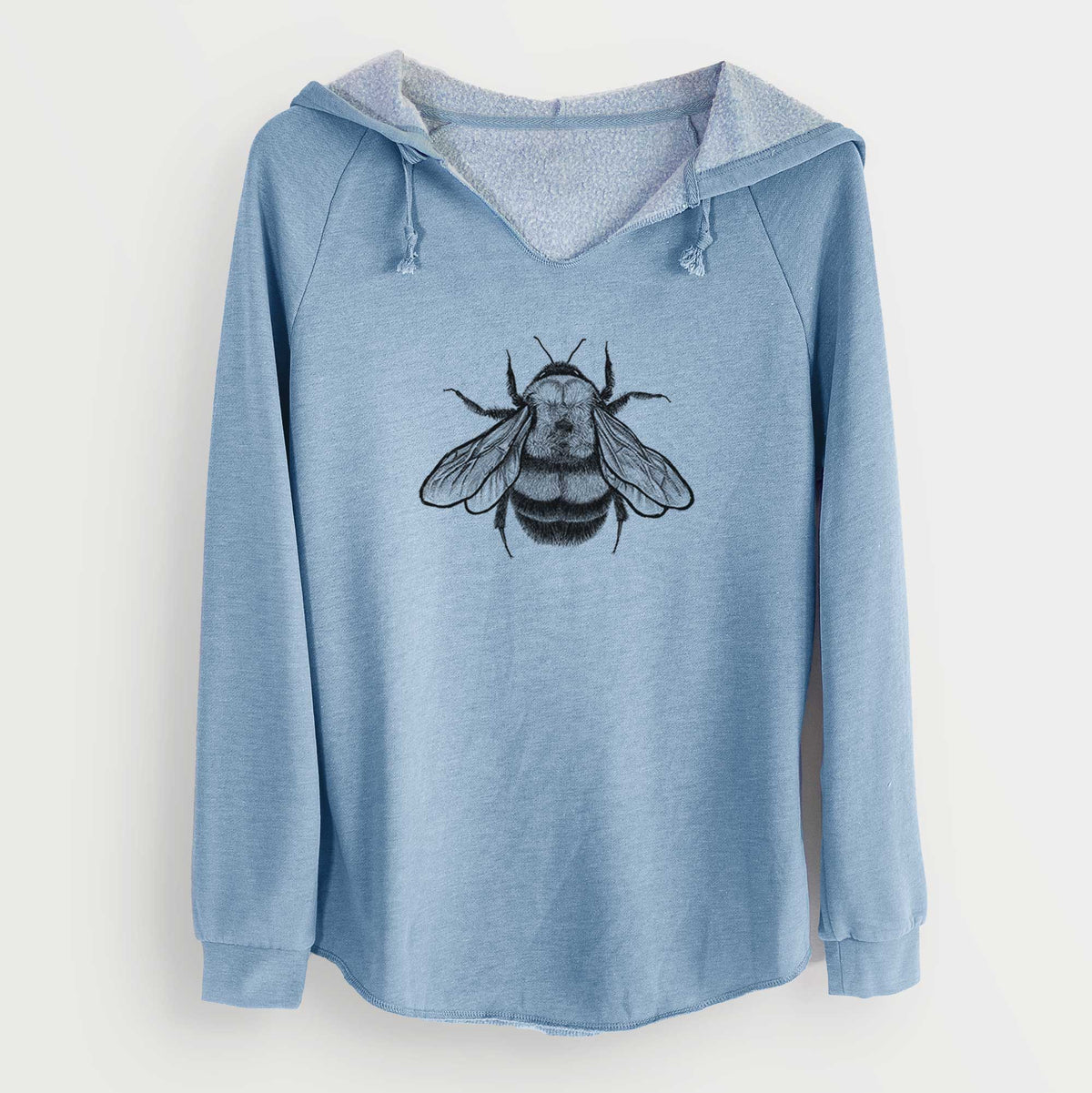 Misty blue women's Cali Wave hooded sweatshirt laid flat, printed with a detailed black ink illustration of a rusty patched bumble bee with its wings spread, seen from above.