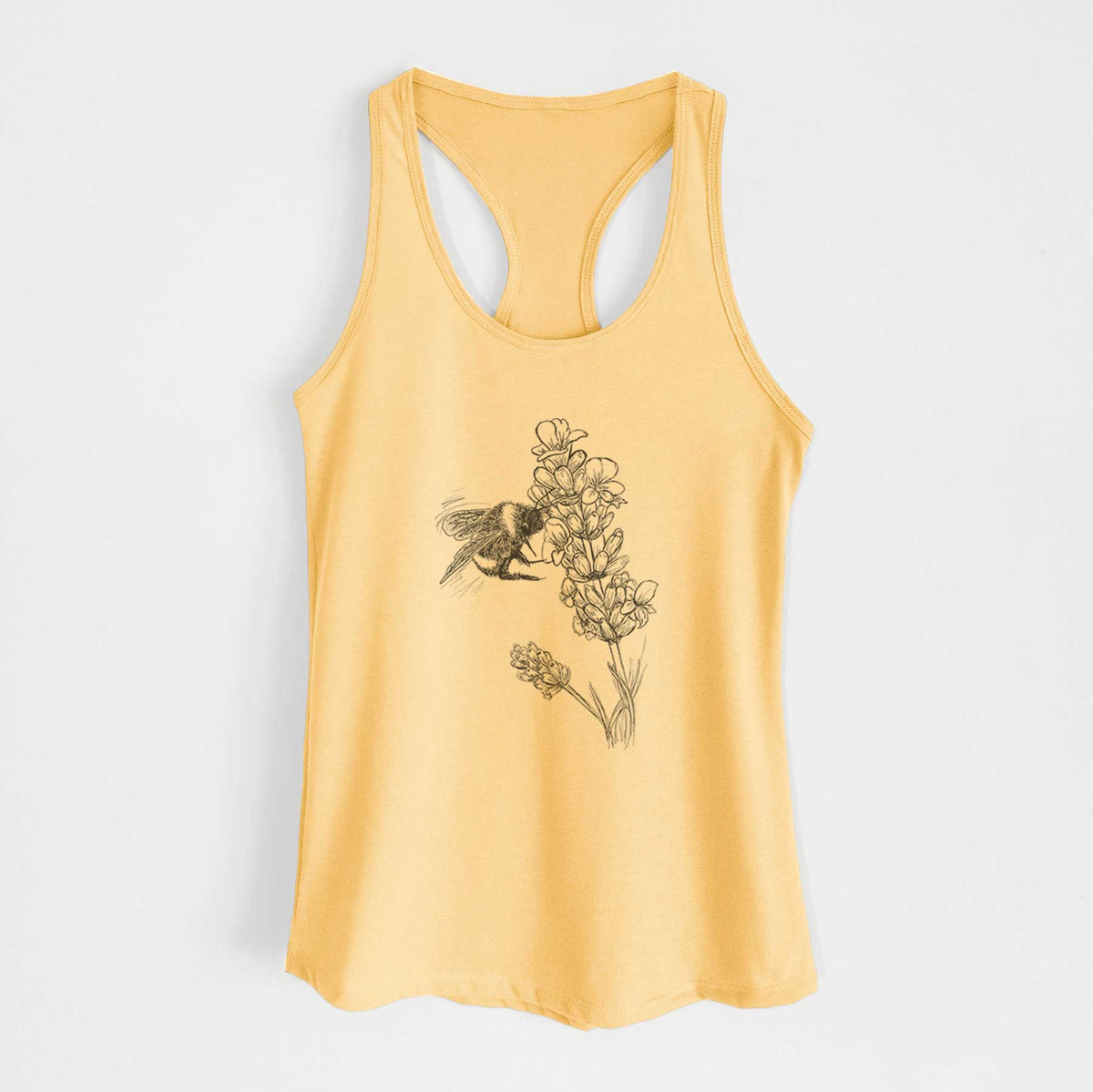 Banana cream women's racerback tank top laid flat, printed with a black ink illustration of a bumble bee visiting a sprig of lavender.