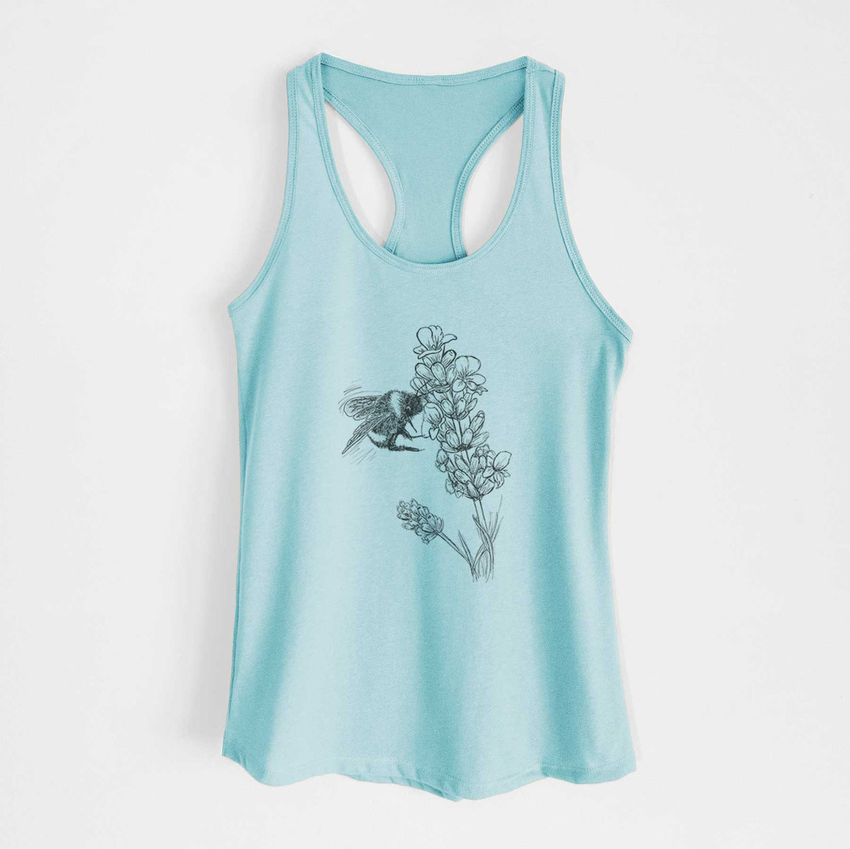 Cancun blue women's racerback tank top laid flat, printed with a black ink illustration of a bumble bee visiting a sprig of lavender.