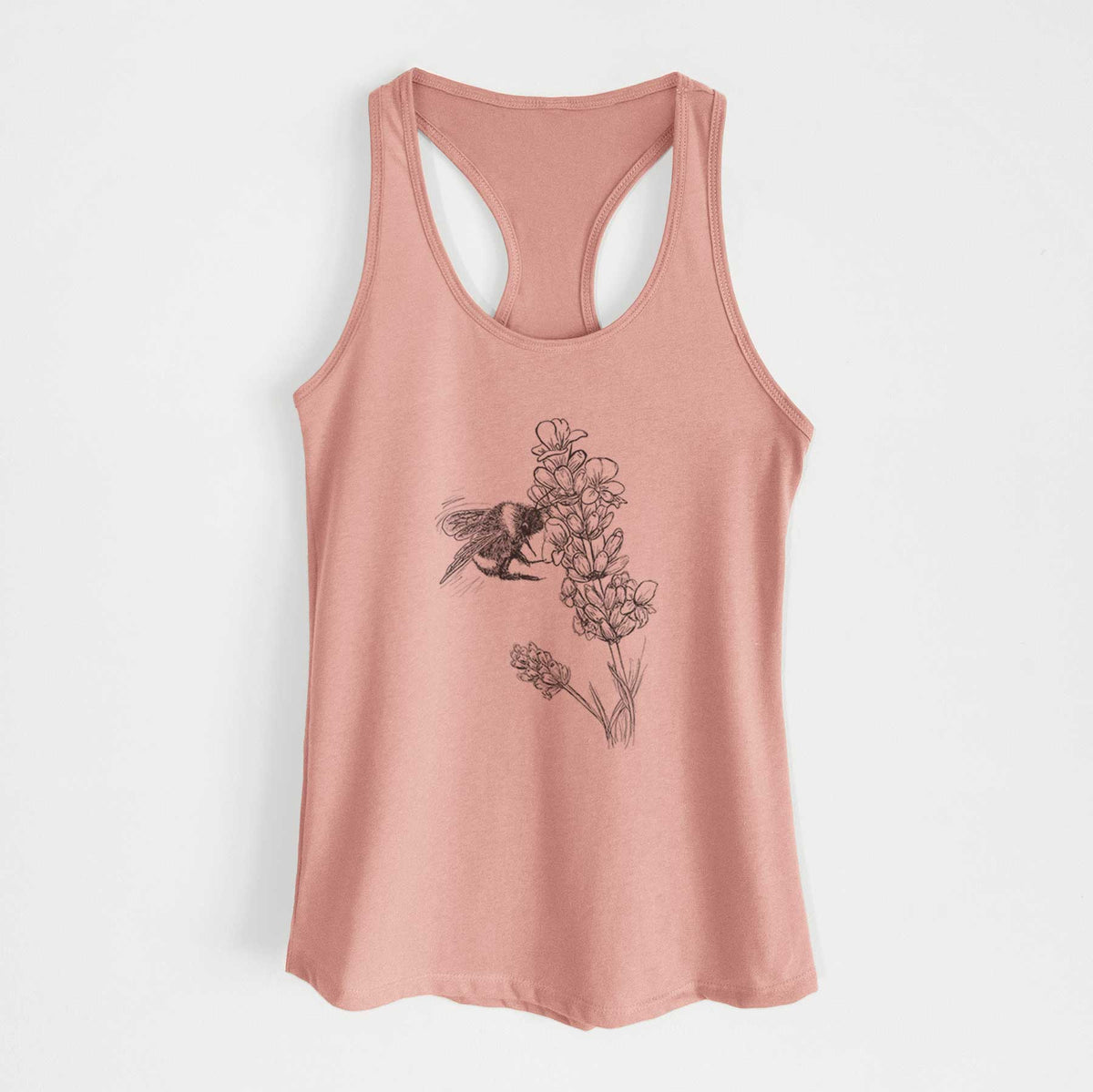 Desert pink women's racerback tank top laid flat, printed with a black ink illustration of a bumble bee visiting a sprig of lavender.