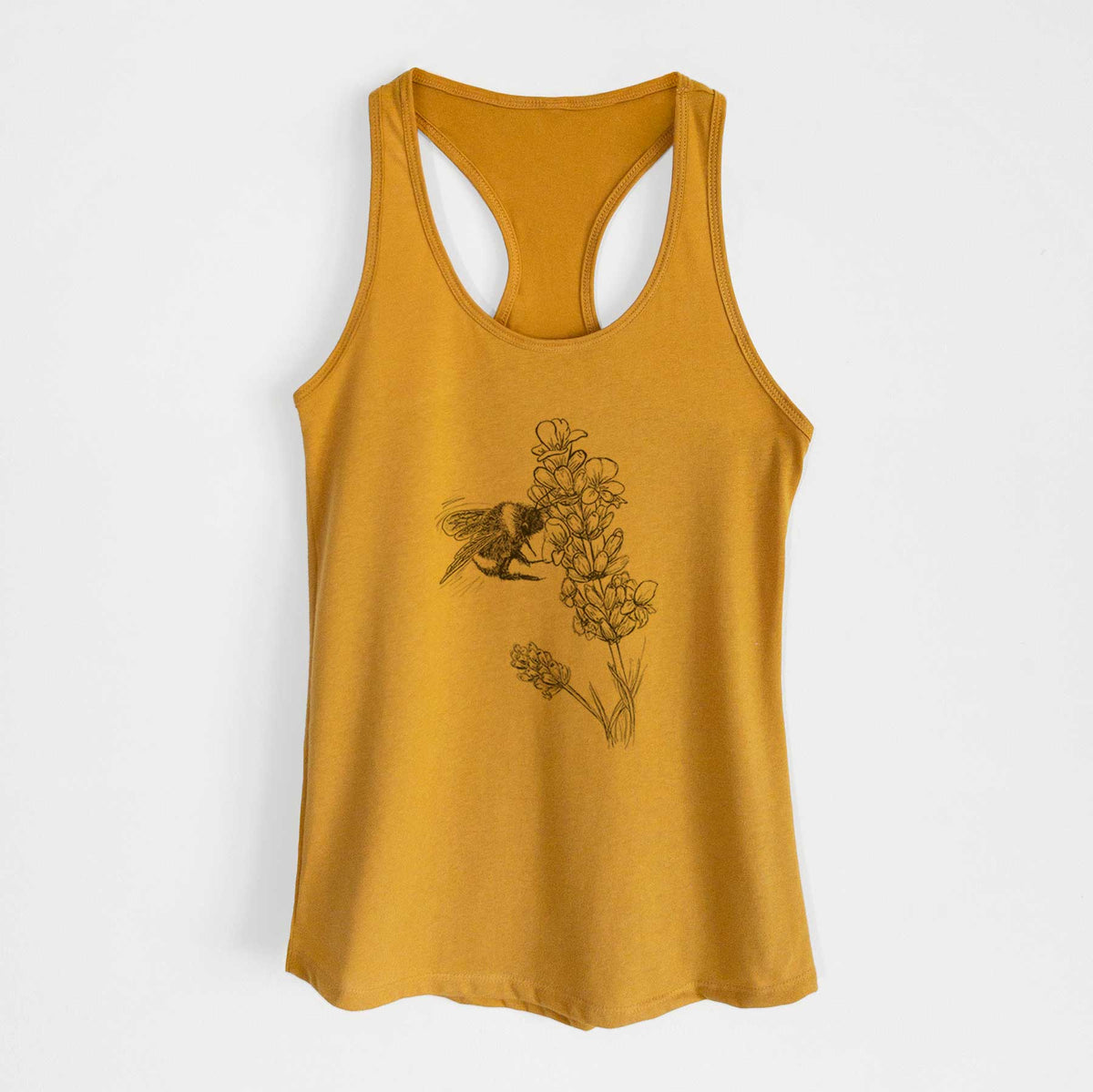 Gold women's racerback tank top laid flat, printed with a black ink illustration of a bumble bee visiting a sprig of lavender.