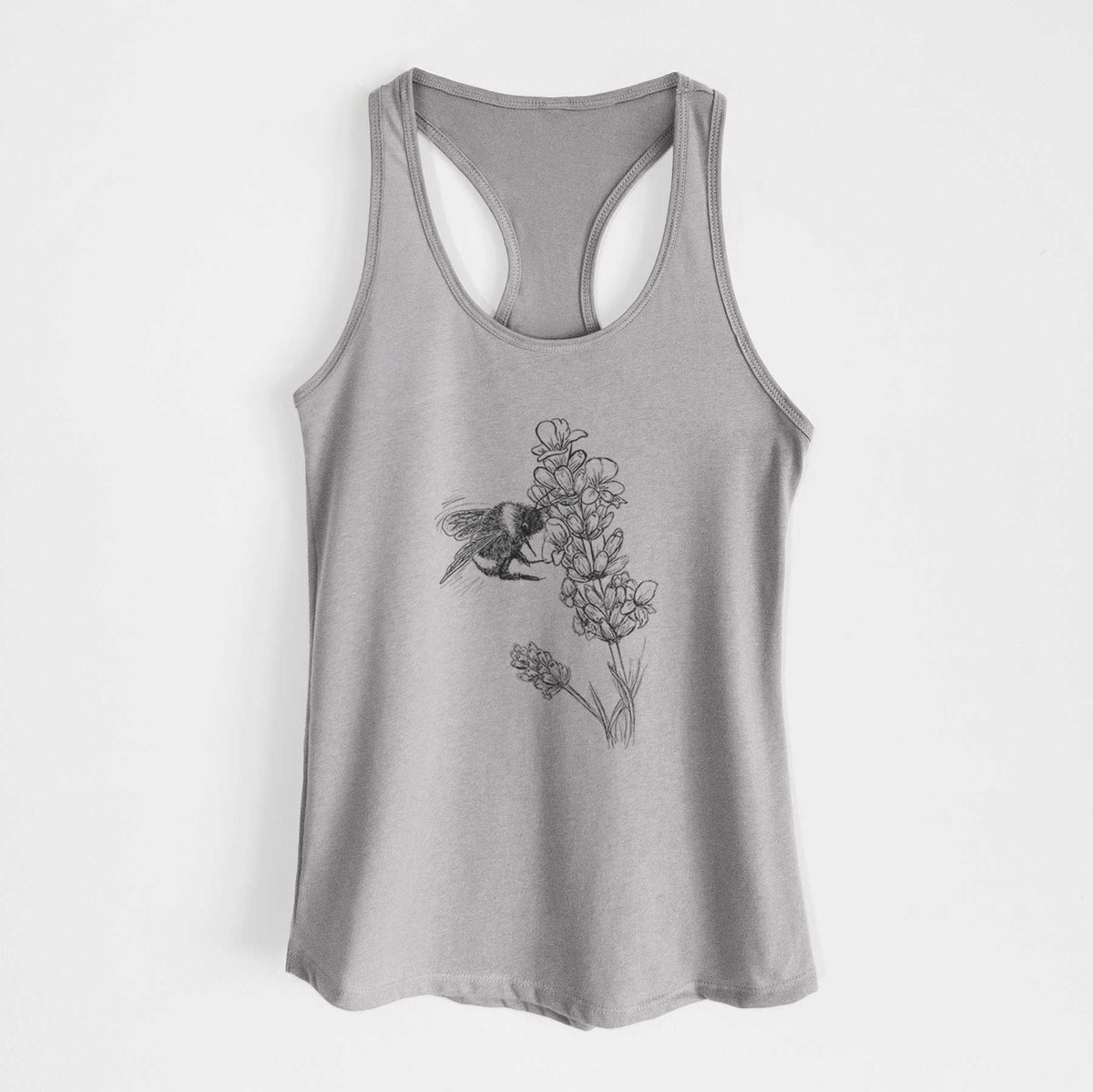 Heather grey women's racerback tank top laid flat, printed with a black ink illustration of a bumble bee visiting a sprig of lavender.
