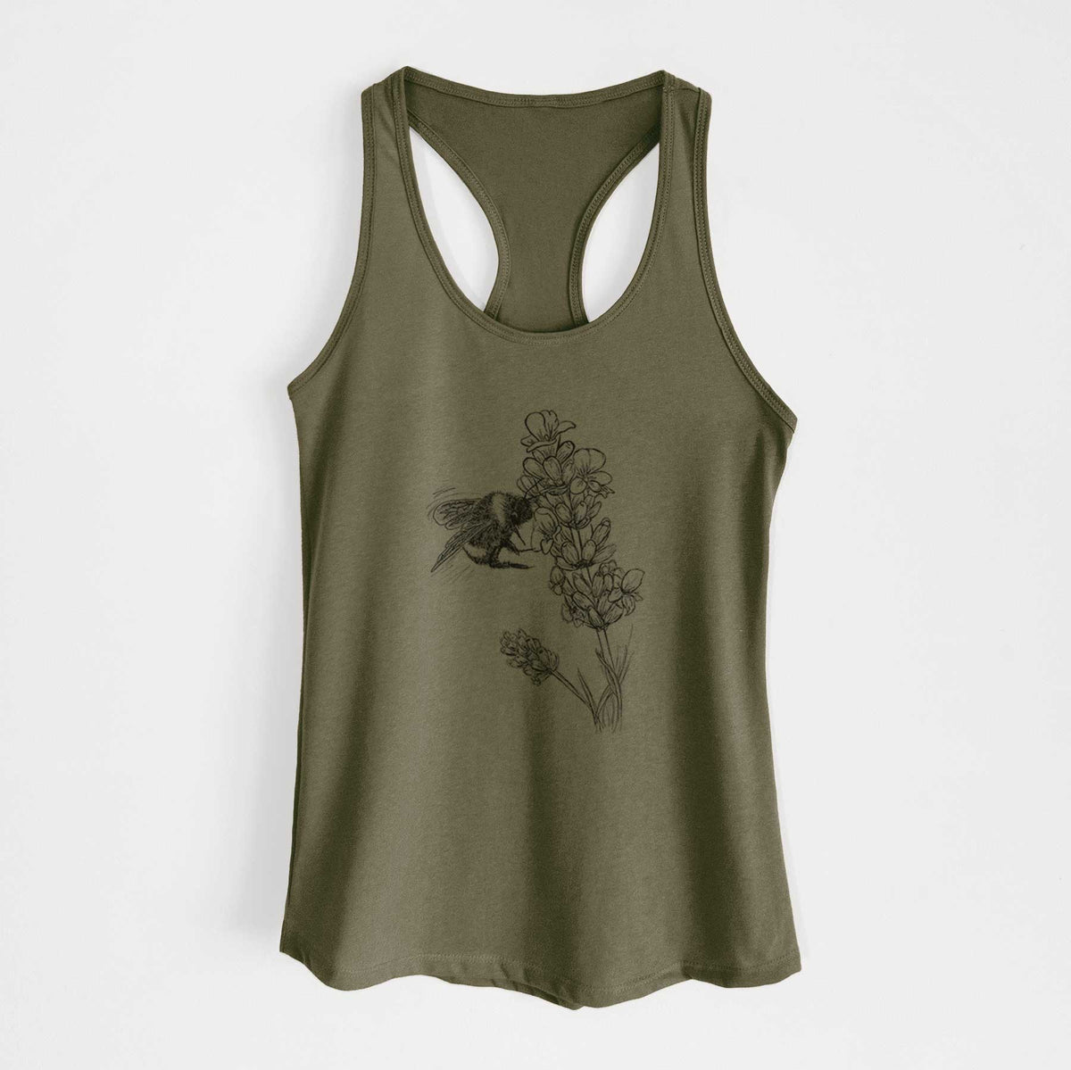 Military green women's racerback tank top laid flat, printed with a black ink illustration of a bumble bee visiting a sprig of lavender.
