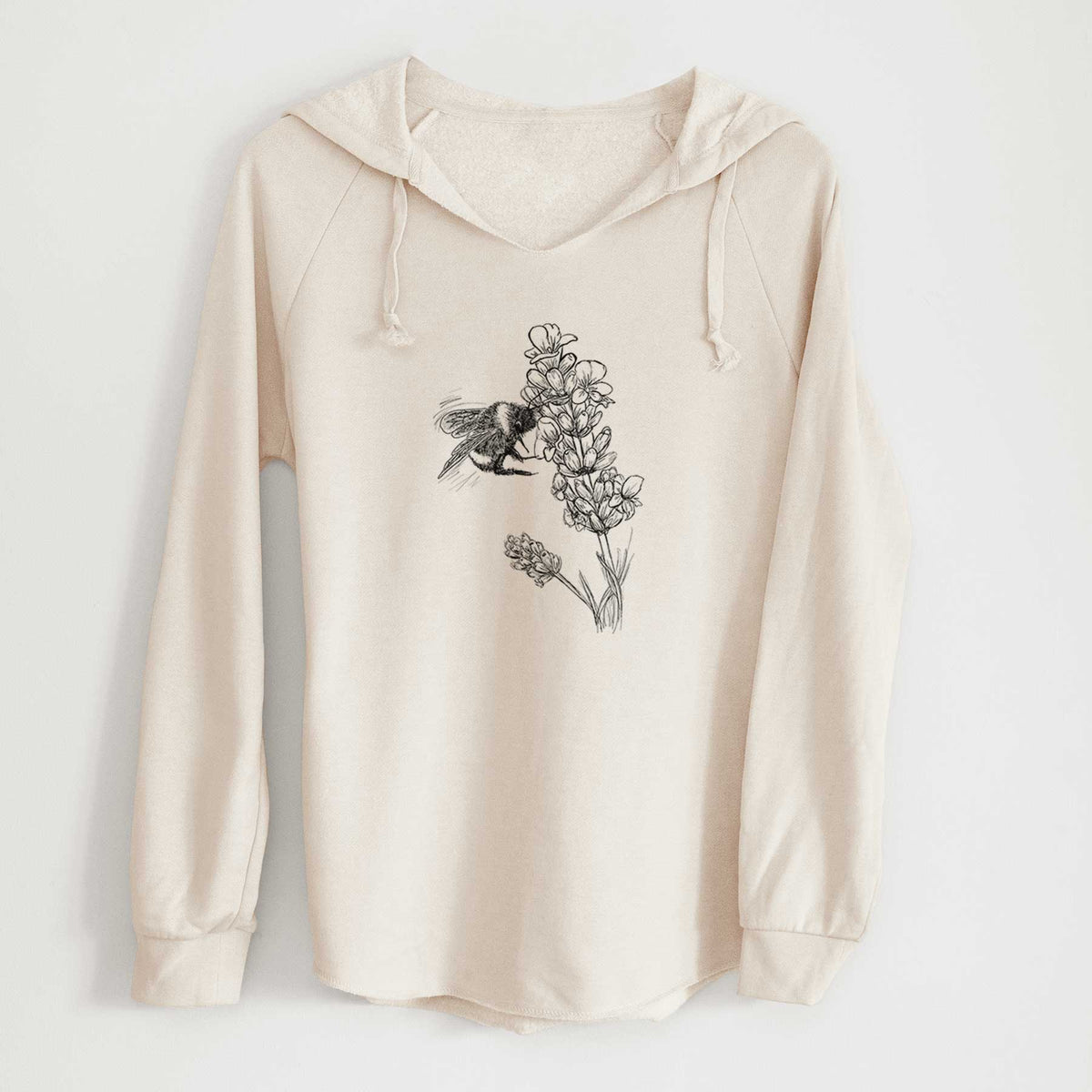 Bone cream women's Cali Wave hooded sweatshirt laid flat, printed with a black ink illustration of a bumble bee visiting a sprig of lavender.
