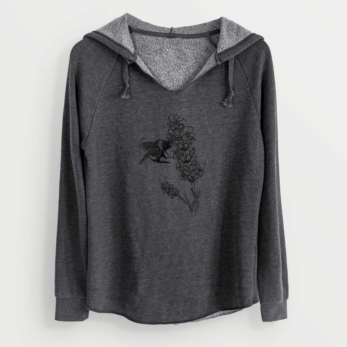 Charcoal grey women's Cali Wave hooded sweatshirt laid flat, printed with a black ink illustration of a bumble bee visiting a sprig of lavender.