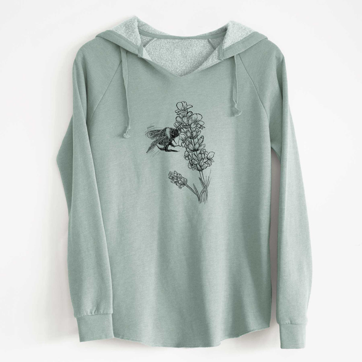 Sage green women's Cali Wave hooded sweatshirt laid flat, printed with a black ink illustration of a bumble bee visiting a sprig of lavender.