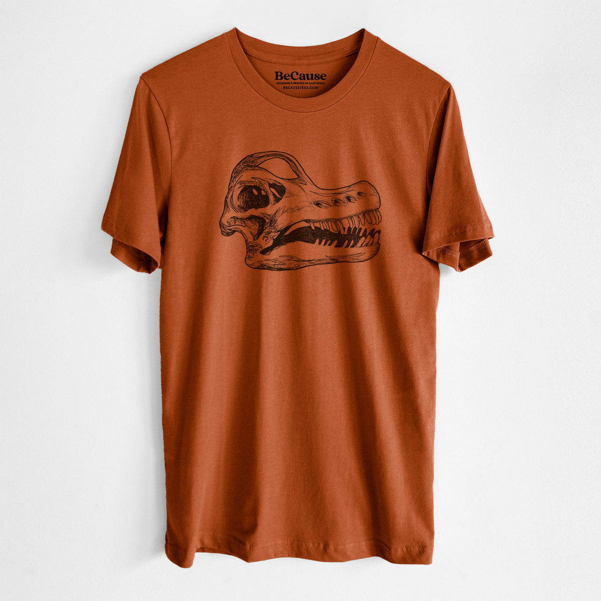 Autumn lightweight cotton t-shirt laid flat, printed with a detailed black ink illustration of a Brachiosaurus skull.