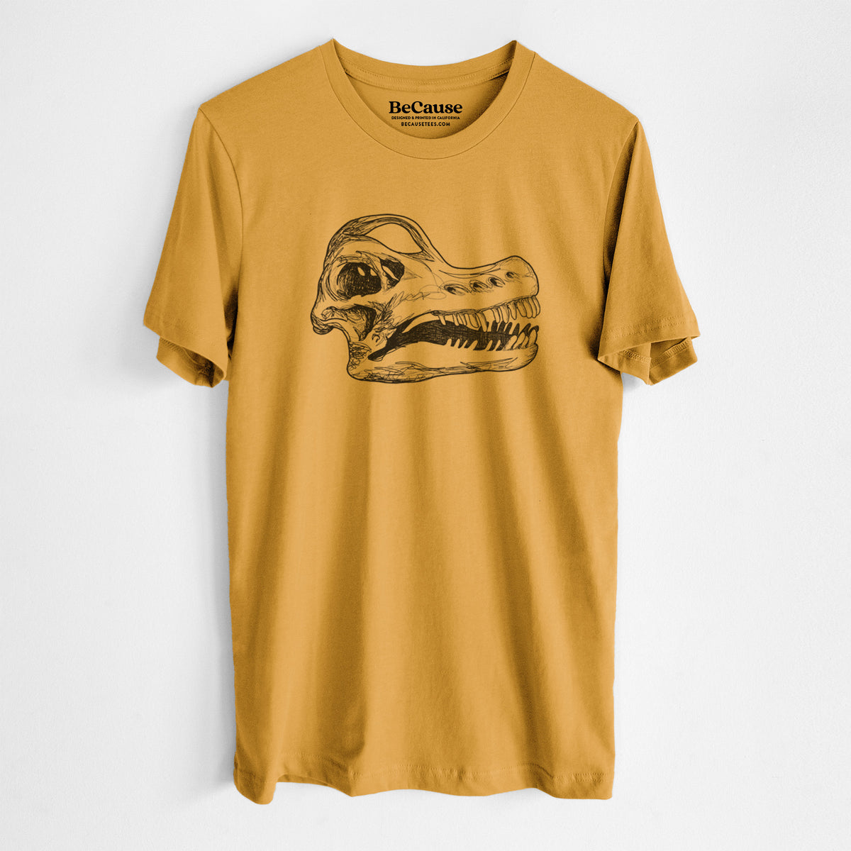 Mustard yellow lightweight cotton t-shirt laid flat, printed with a detailed black ink illustration of a Brachiosaurus skull.