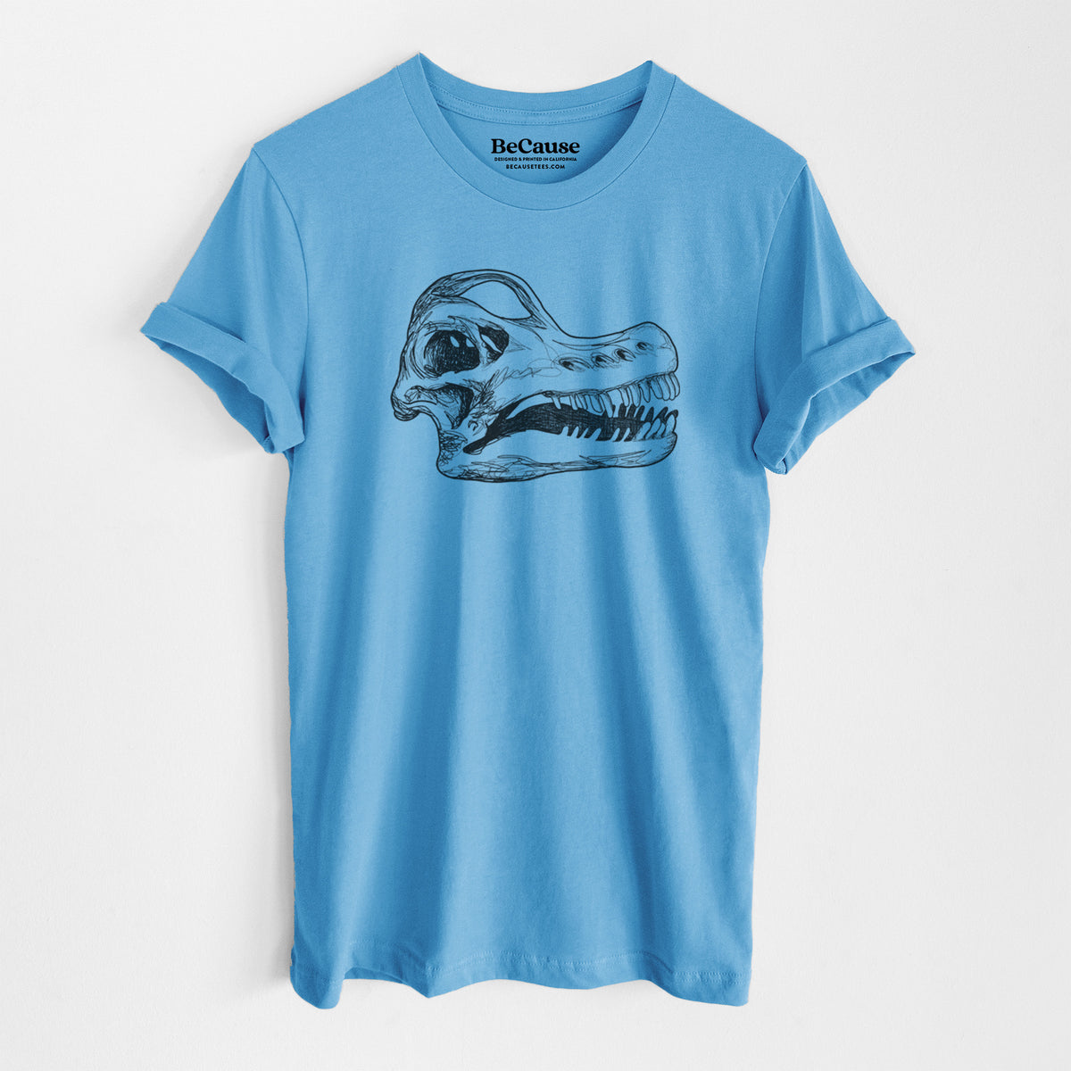 Ocean blue lightweight cotton t-shirt laid flat, printed with a detailed black ink illustration of a Brachiosaurus skull.