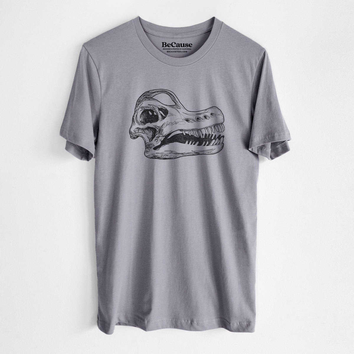 Storm grey lightweight cotton t-shirt laid flat, printed with a detailed black ink illustration of a Brachiosaurus skull.