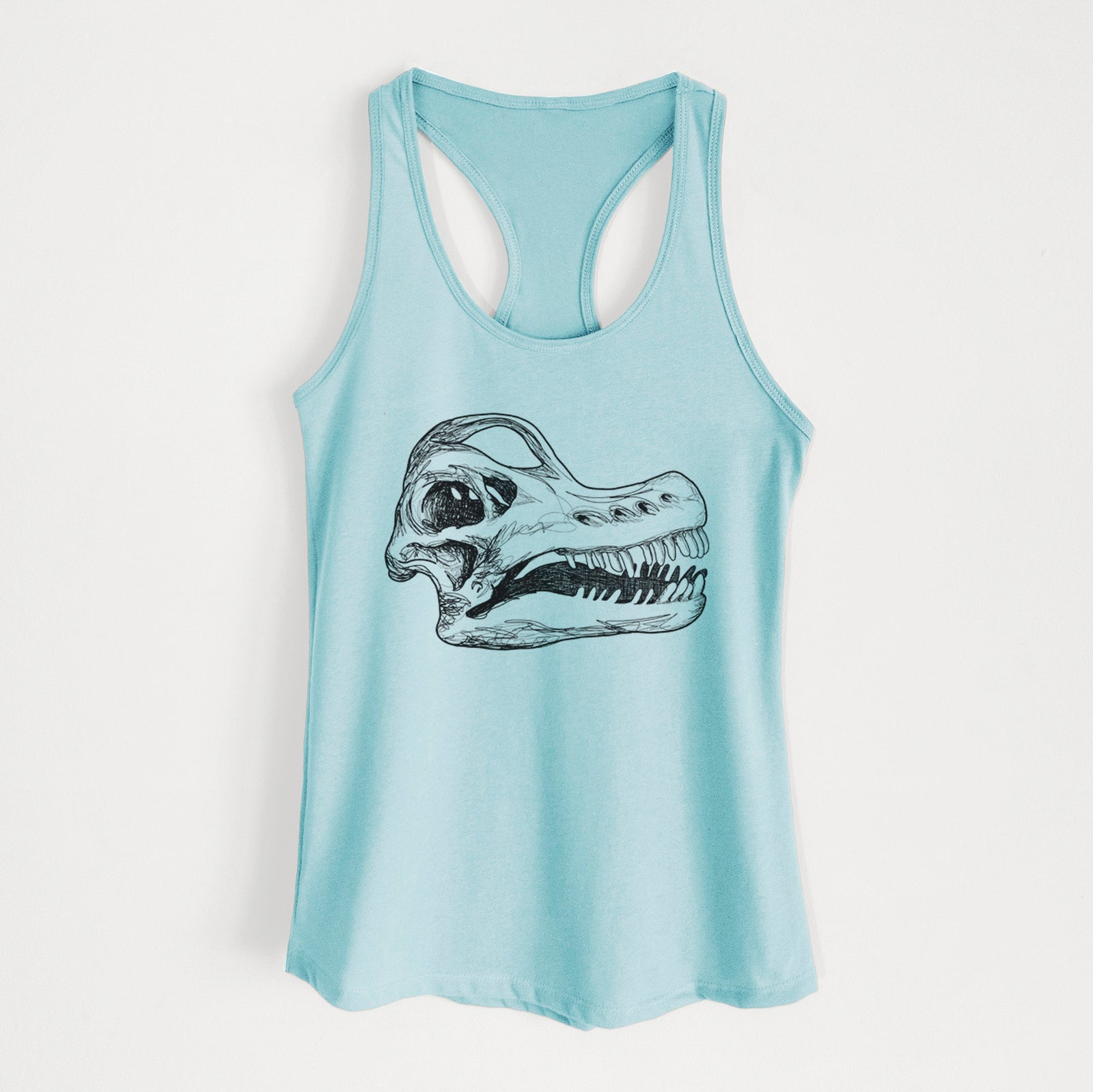 Banana cream women's racerback tank top laid flat, printed with a detailed black ink illustration of a Brachiosaurus skull.