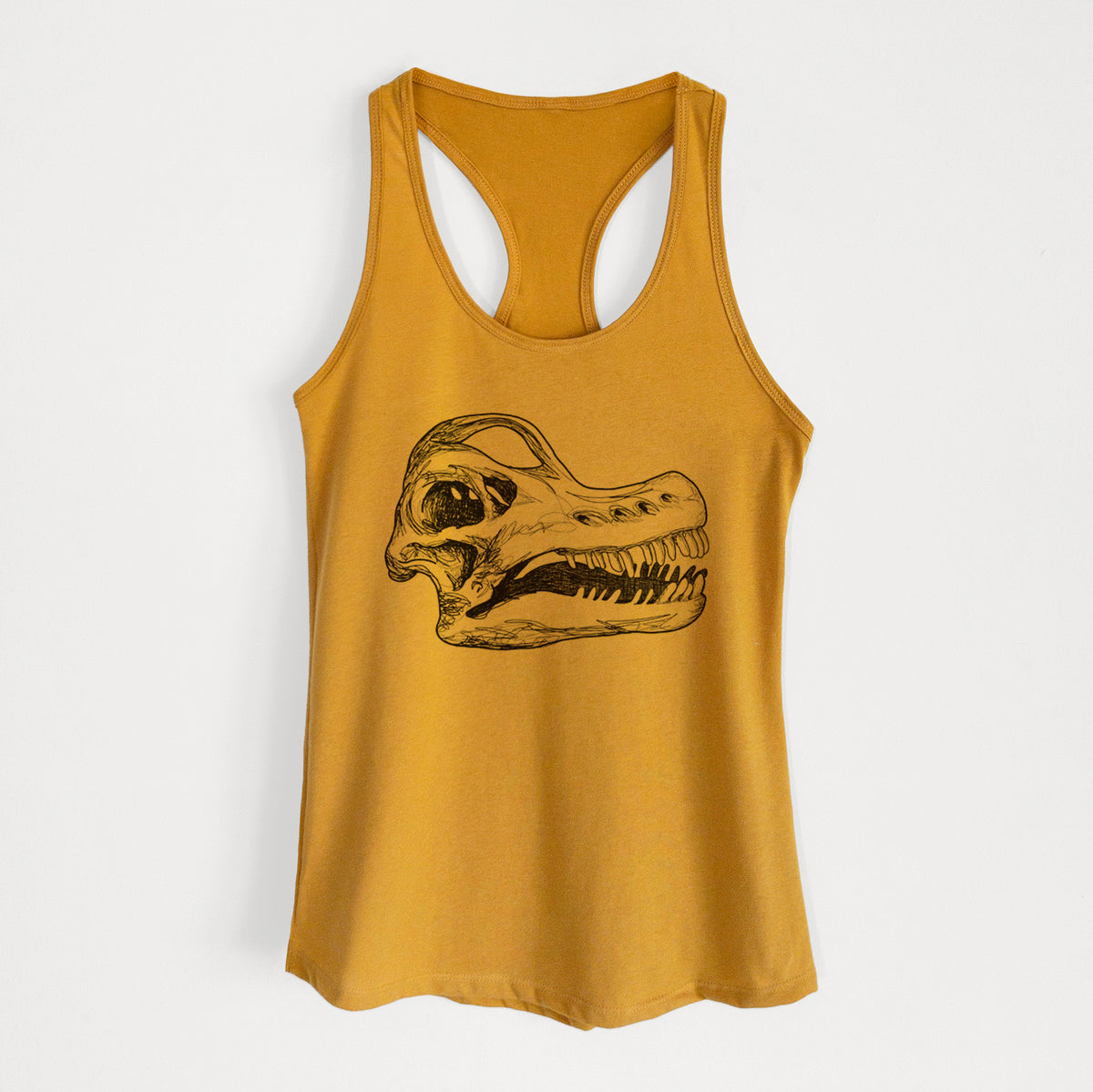 Gold women's racerback tank top laid flat, printed with a detailed black ink illustration of a Brachiosaurus skull.