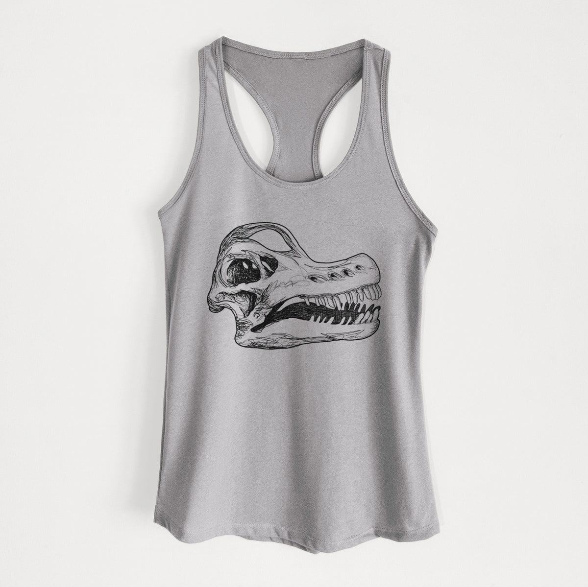 Heather grey women's racerback tank top laid flat, printed with a detailed black ink illustration of a Brachiosaurus skull.