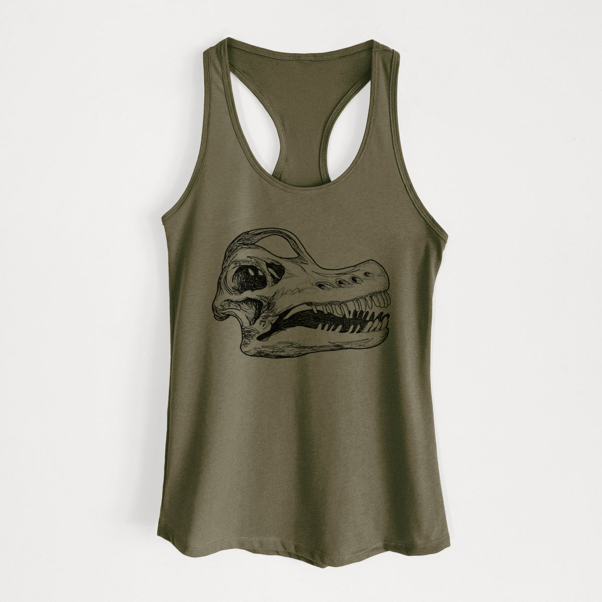 Military green women's racerback tank top laid flat, printed with a detailed black ink illustration of a Brachiosaurus skull.