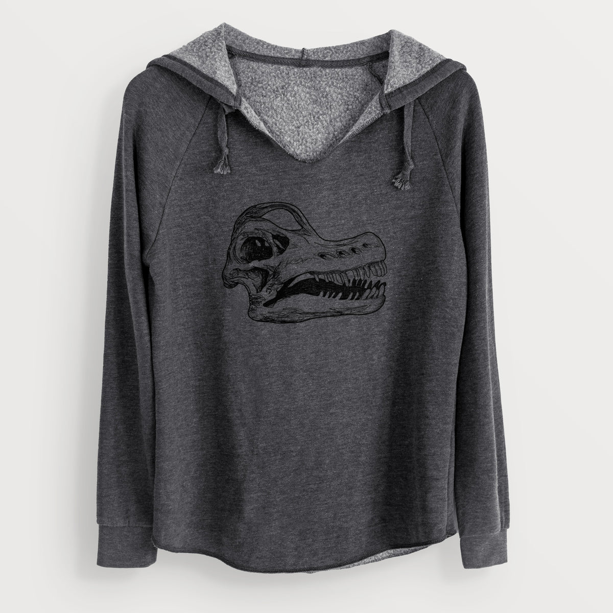 Charcoal grey women's Cali Wave hooded sweatshirt laid flat, printed with a detailed black ink illustration of a Brachiosaurus skull.