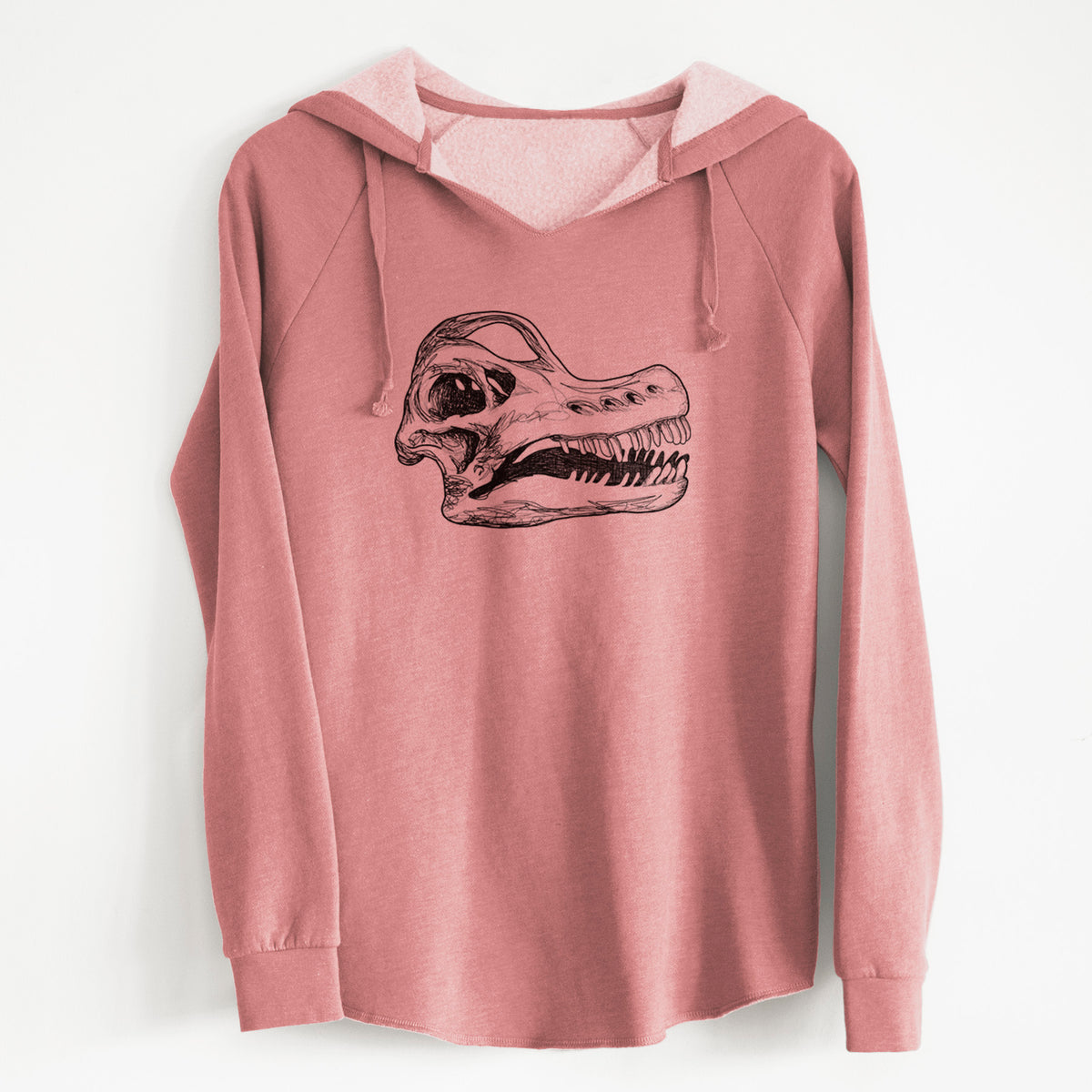 Dusty rose women's Cali Wave hooded sweatshirt laid flat, printed with a detailed black ink illustration of a Brachiosaurus skull.