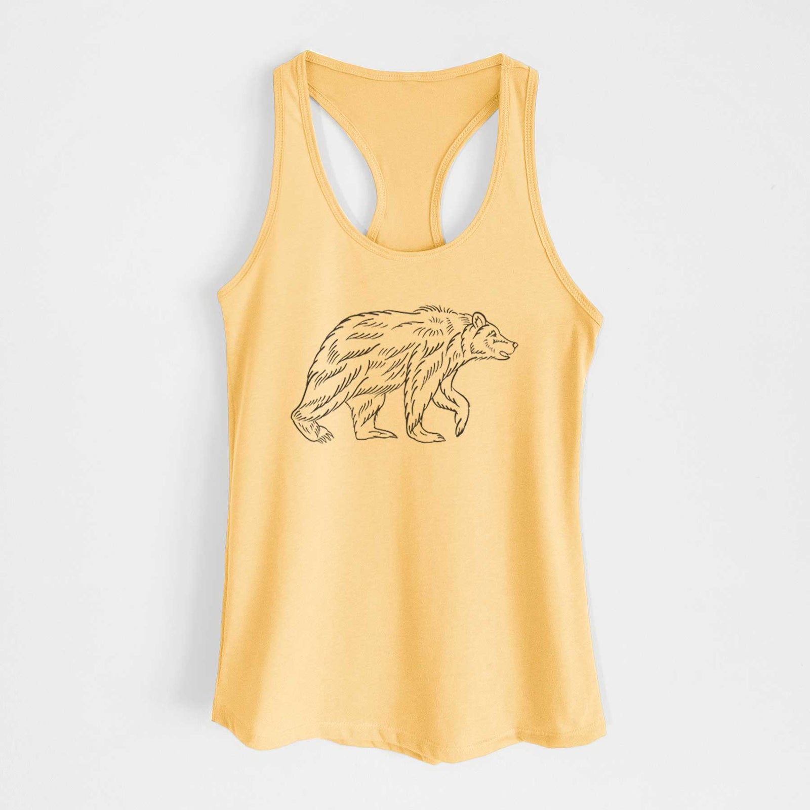 Banana cream women's racerback tank top laid flat, printed with a black ink illustration of a brown bear walking.