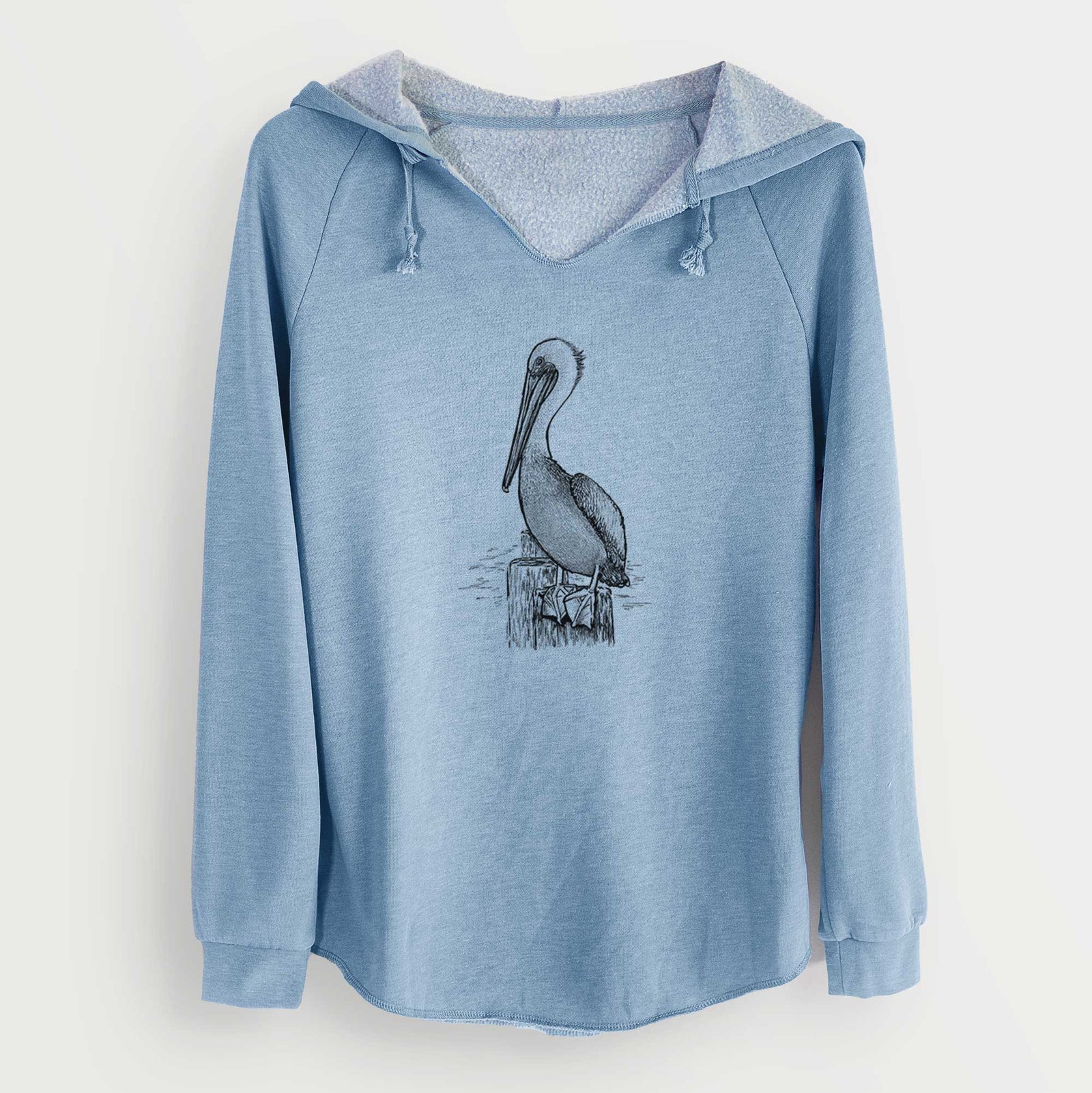 Blue hoodie with a pelican design on a white background