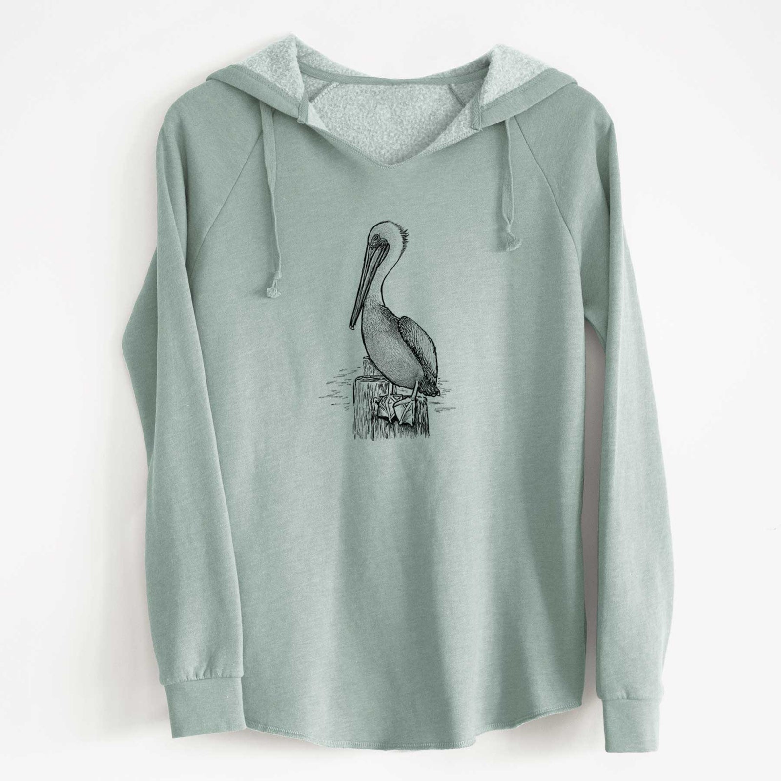 Blue hoodie with a pelican design on a white background
