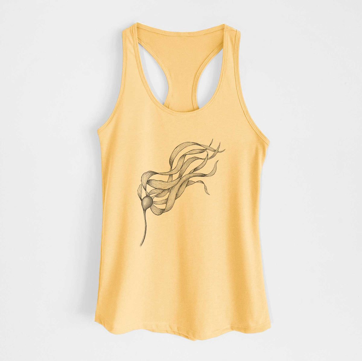 Banana cream women's racerback tank top laid flat, printed with a black ink line drawing of a strand of bull kelp with long flowing blades.