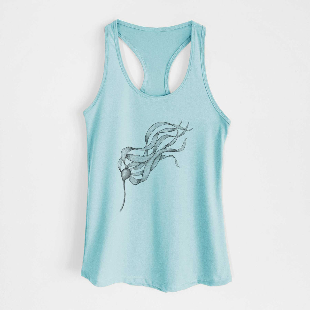Cancun blue women's racerback tank top laid flat, printed with a black ink line drawing of a strand of bull kelp with long flowing blades.