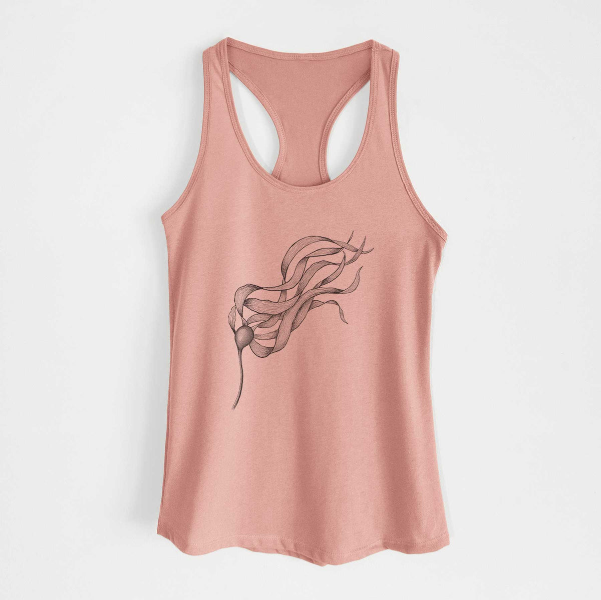 Desert pink women's racerback tank top laid flat, printed with a black ink line drawing of a strand of bull kelp with long flowing blades.