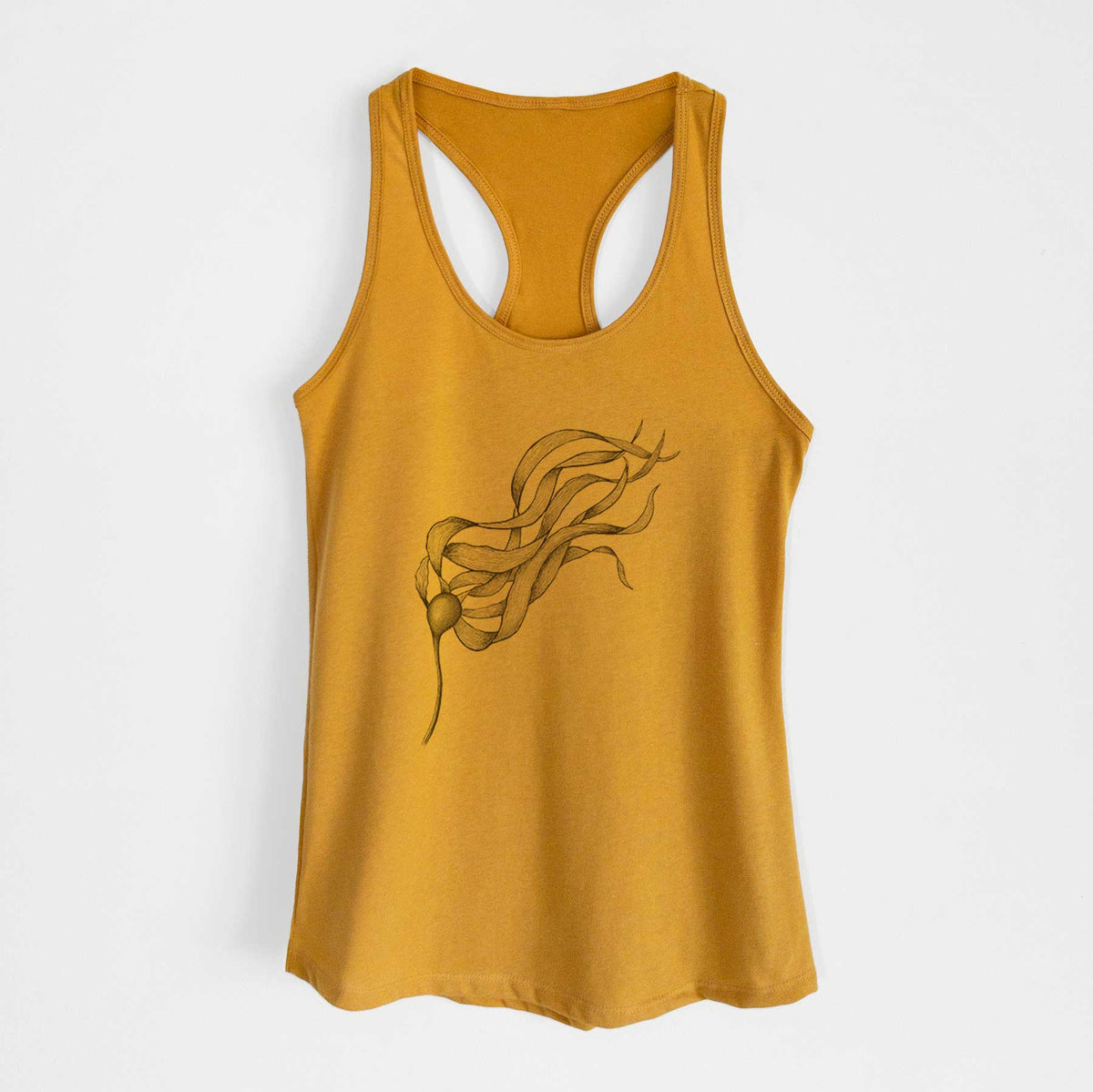 Gold women's racerback tank top laid flat, printed with a black ink line drawing of a strand of bull kelp with long flowing blades.