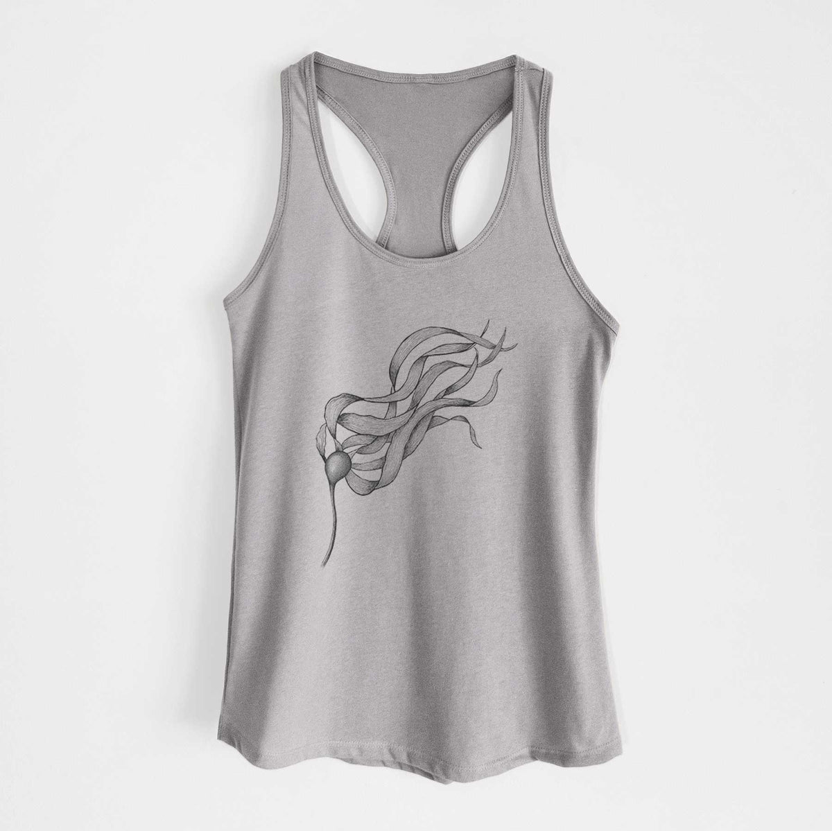 Heather grey women's racerback tank top laid flat, printed with a black ink line drawing of a strand of bull kelp with long flowing blades.