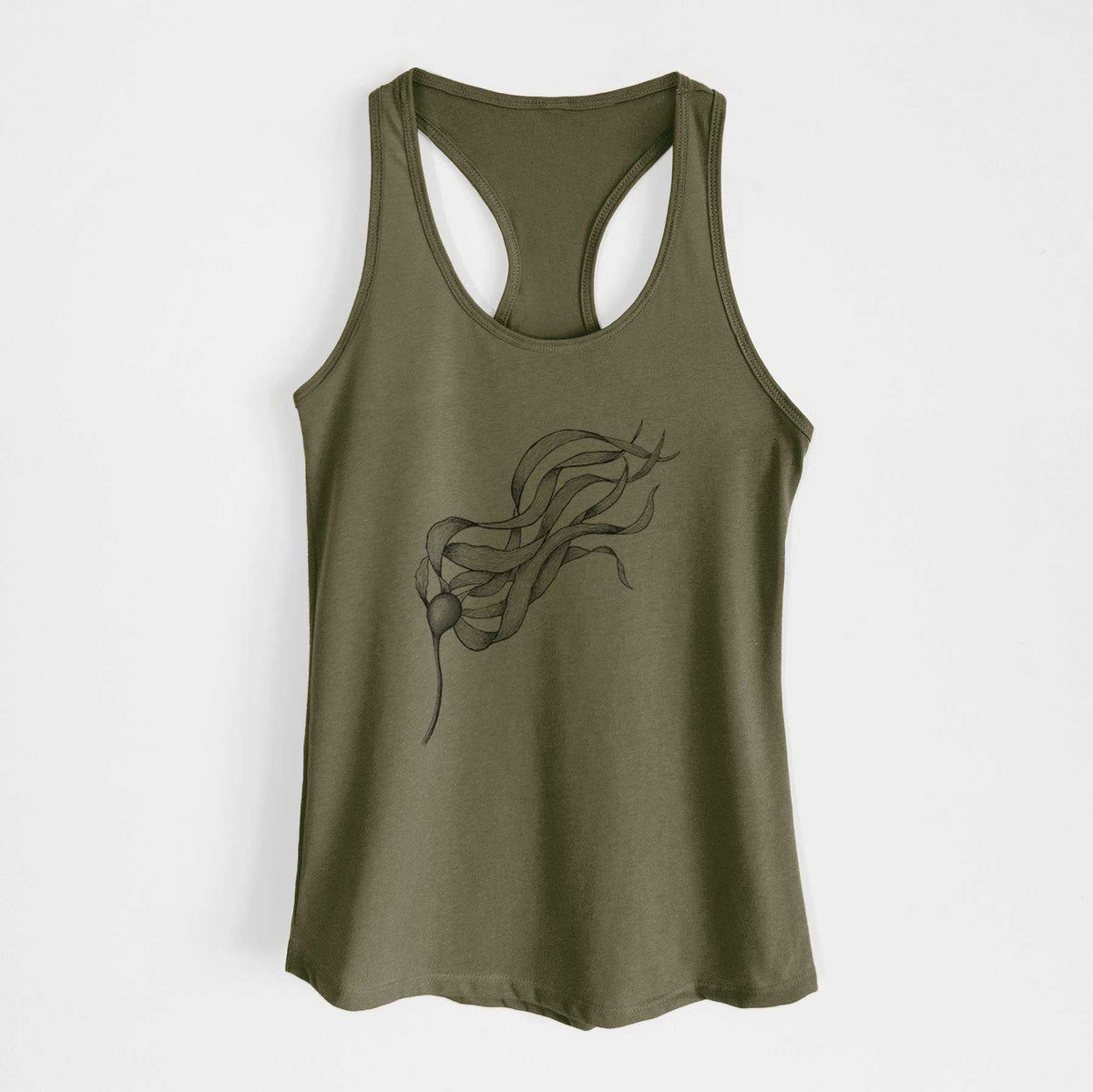 Military green women's racerback tank top laid flat, printed with a black ink line drawing of a strand of bull kelp with long flowing blades.
