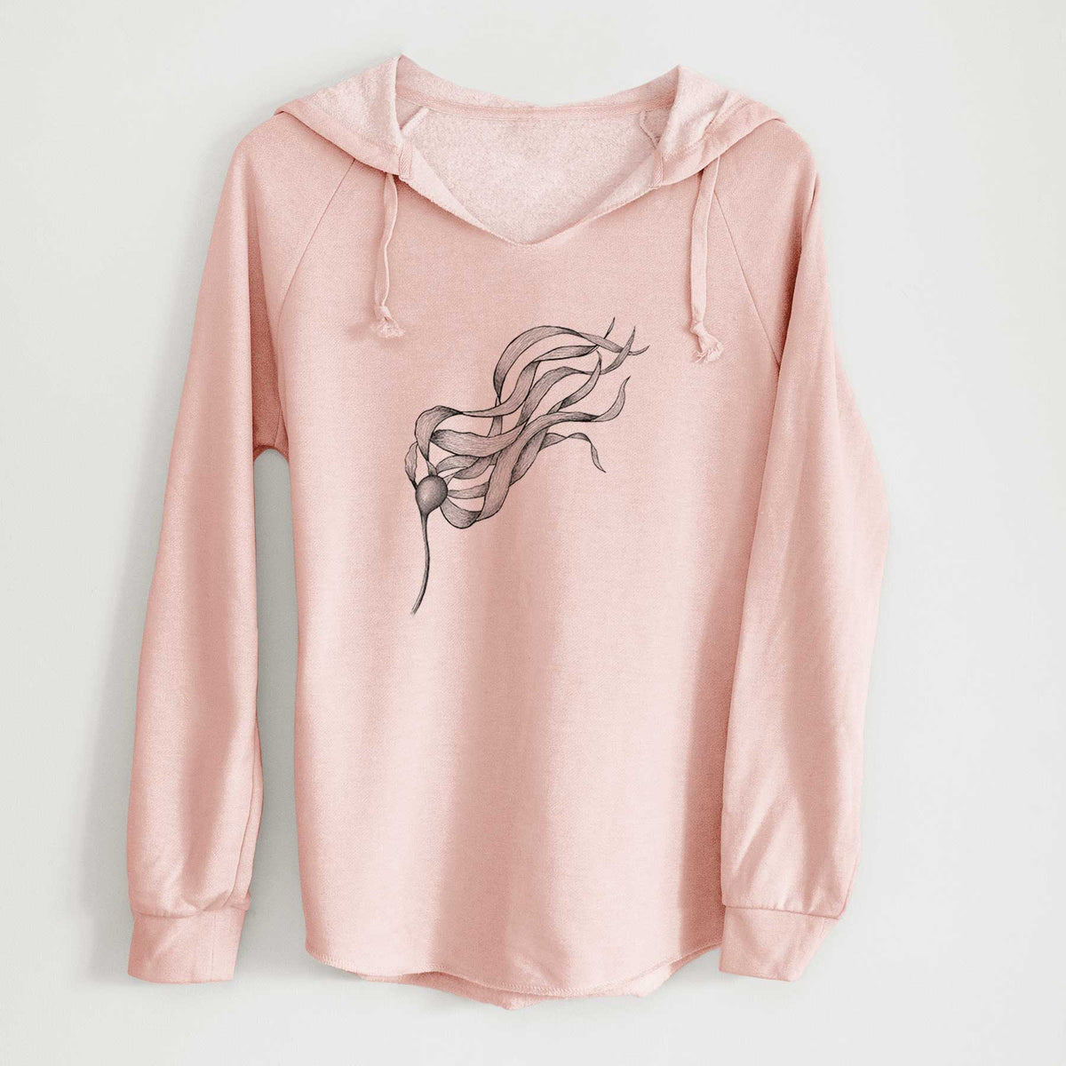 Blush pink women's Cali Wave hooded sweatshirt laid flat, printed with a black ink line drawing of a strand of bull kelp with long flowing blades.