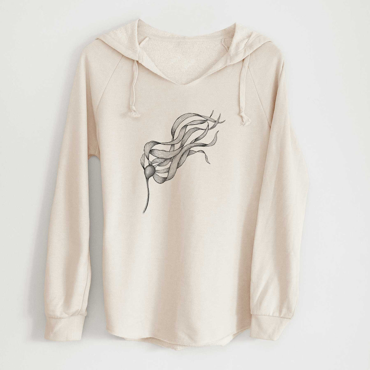 Bone cream women's Cali Wave hooded sweatshirt laid flat, printed with a black ink line drawing of a strand of bull kelp with long flowing blades.