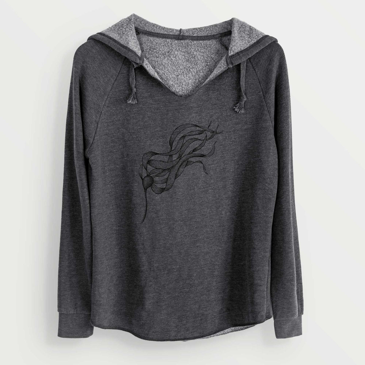 Charcoal grey women's Cali Wave hooded sweatshirt laid flat, printed with a black ink line drawing of a strand of bull kelp with long flowing blades.