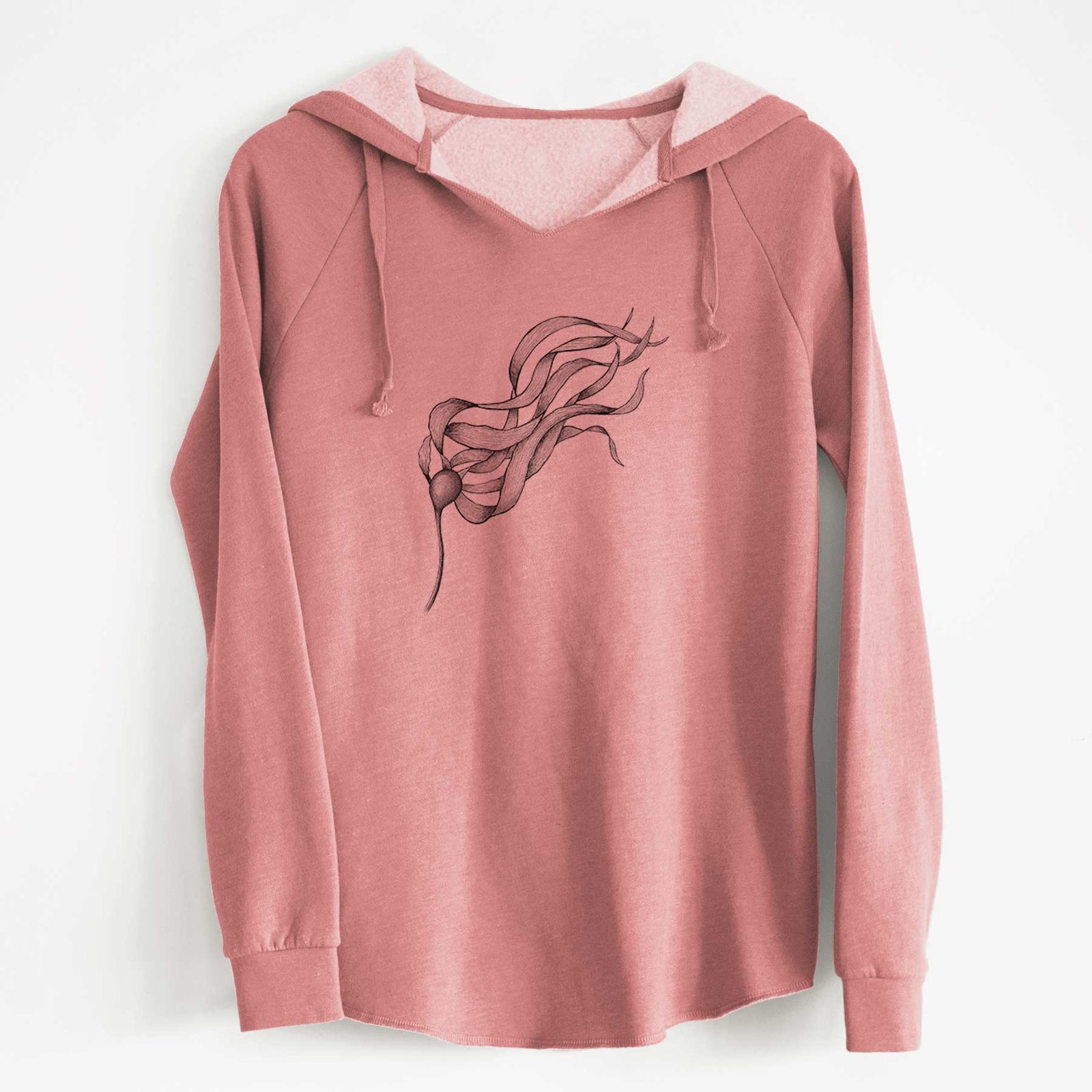 Dusty rose women's Cali Wave hooded sweatshirt laid flat, printed with a black ink line drawing of a strand of bull kelp with long flowing blades.