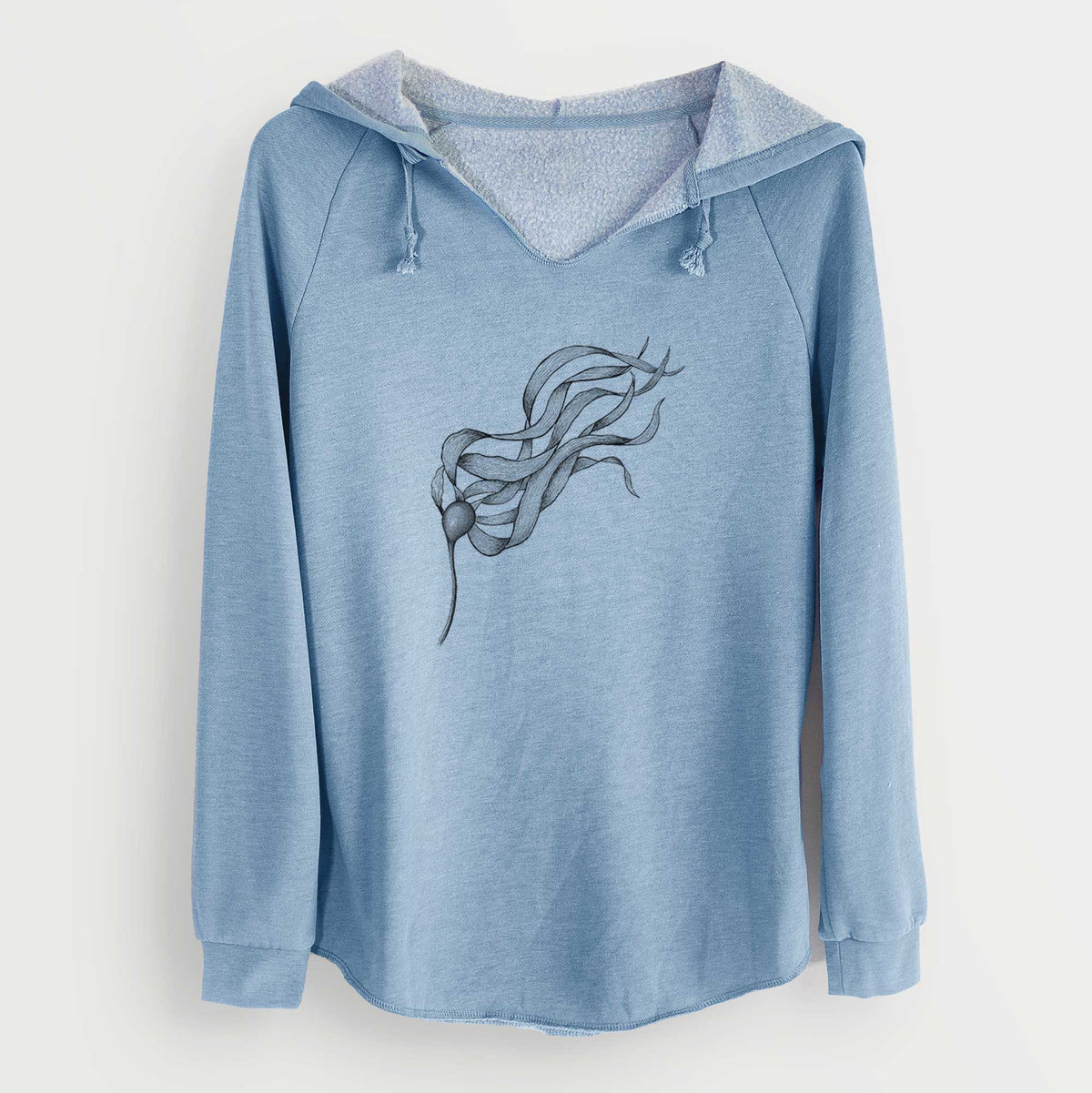 Misty blue women's Cali Wave hooded sweatshirt laid flat, printed with a black ink line drawing of a strand of bull kelp with long flowing blades.