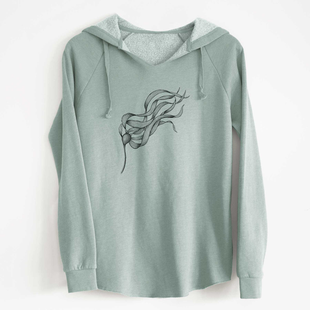 Sage green women's Cali Wave hooded sweatshirt laid flat, printed with a black ink line drawing of a strand of bull kelp with long flowing blades.