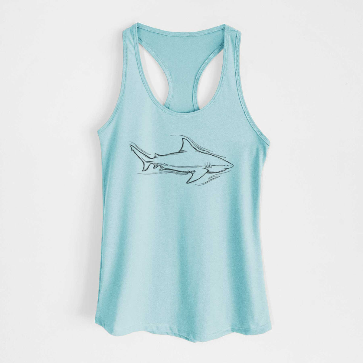 Cancun blue women's racerback tank top laid flat, printed with a black ink illustration of a bull shark swimming.