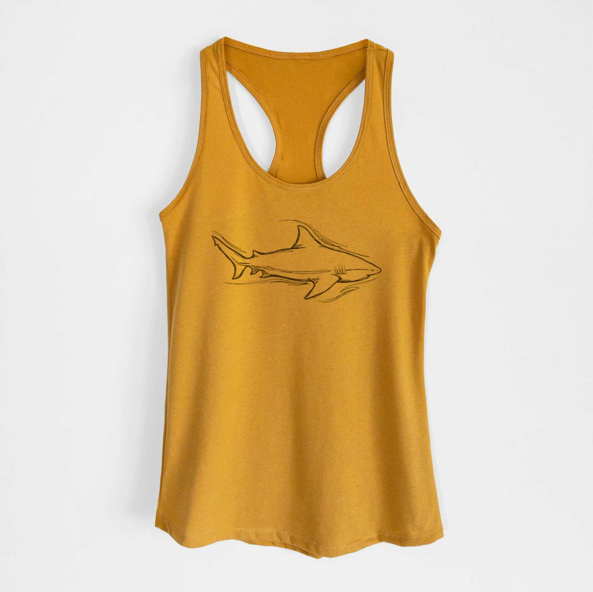 Gold women's racerback tank top laid flat, printed with a black ink illustration of a bull shark swimming.