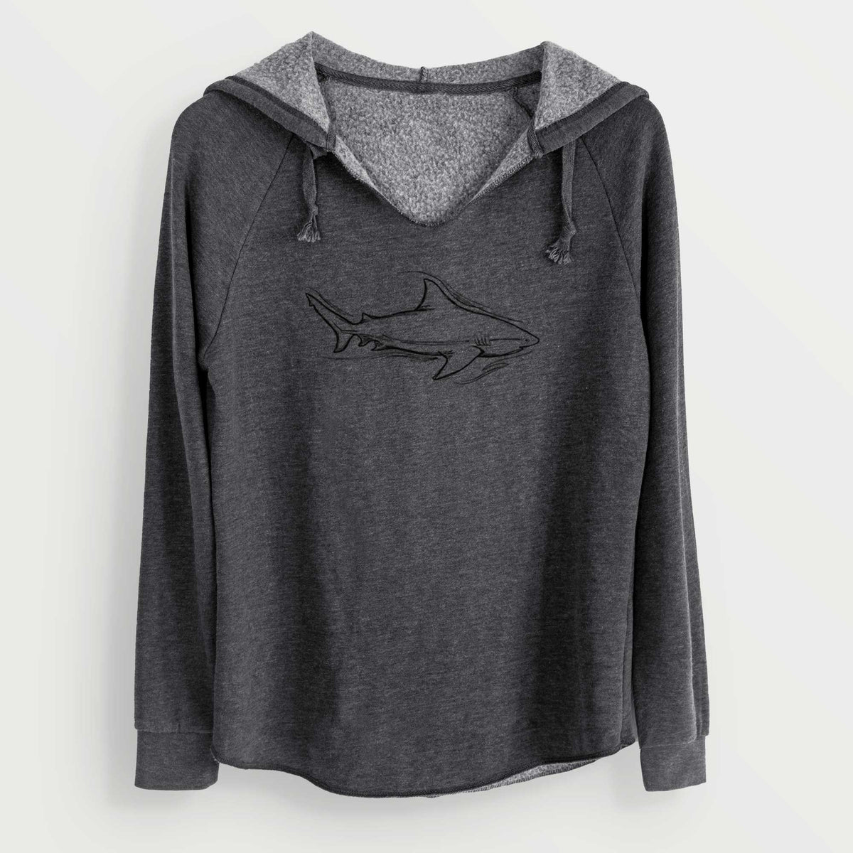 Charcoal grey women's Cali Wave hooded sweatshirt laid flat, printed with a black ink illustration of a bull shark swimming.