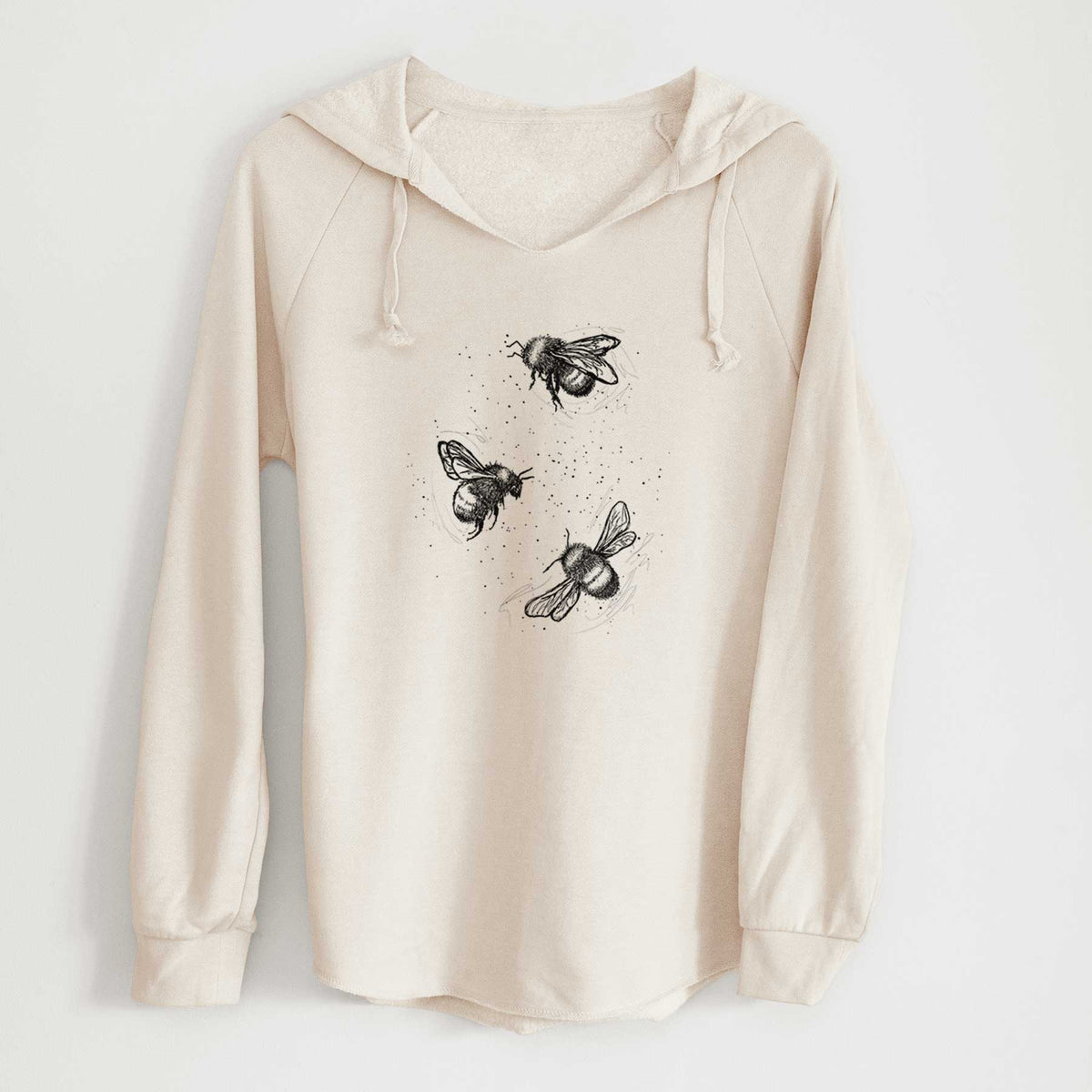 Bone cream women's Cali Wave hooded sweatshirt laid flat, printed with a black ink illustration of three bumble bees flying.