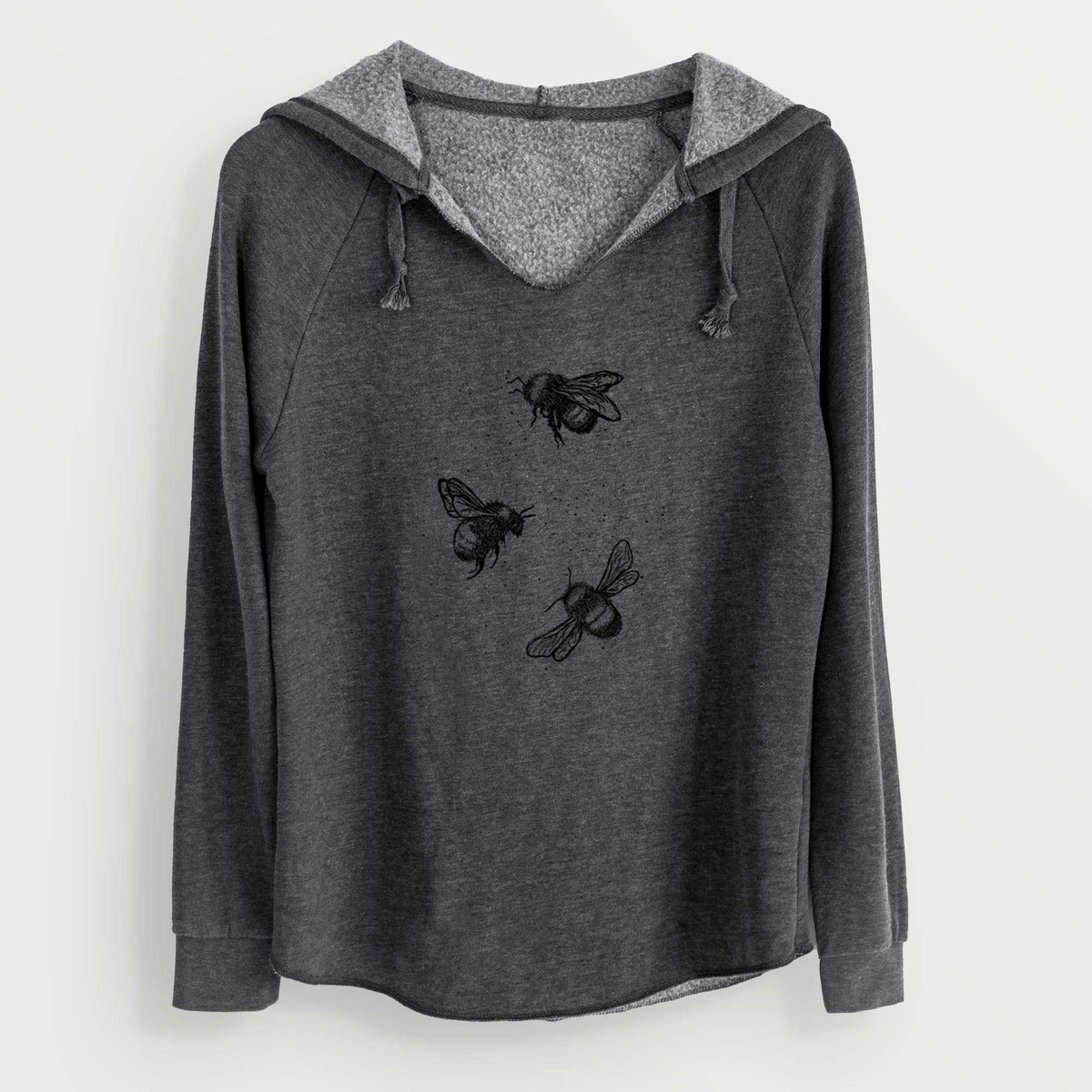 Charcoal grey women's Cali Wave hooded sweatshirt laid flat, printed with a black ink illustration of three bumble bees flying.