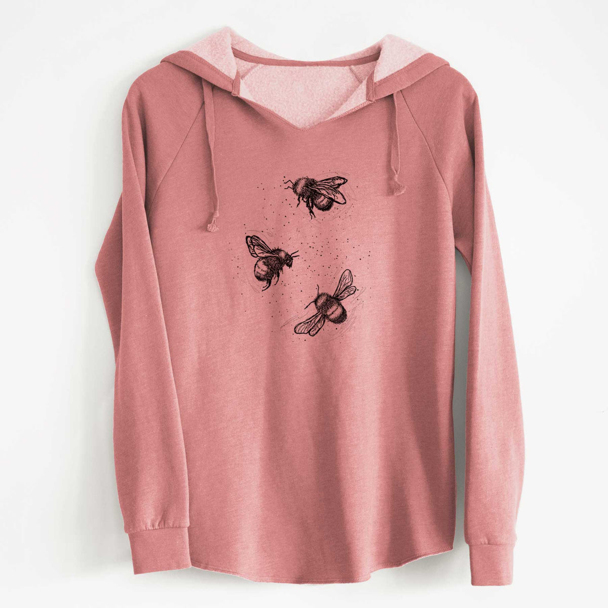 Dusty rose women's Cali Wave hooded sweatshirt laid flat, printed with a black ink illustration of three bumble bees flying.