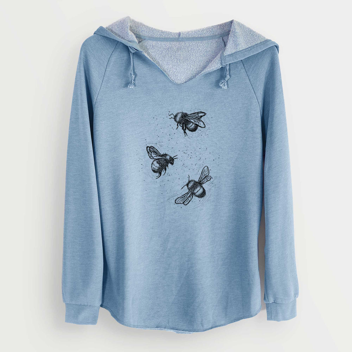 Misty blue women's Cali Wave hooded sweatshirt laid flat, printed with a black ink illustration of three bumble bees flying.
