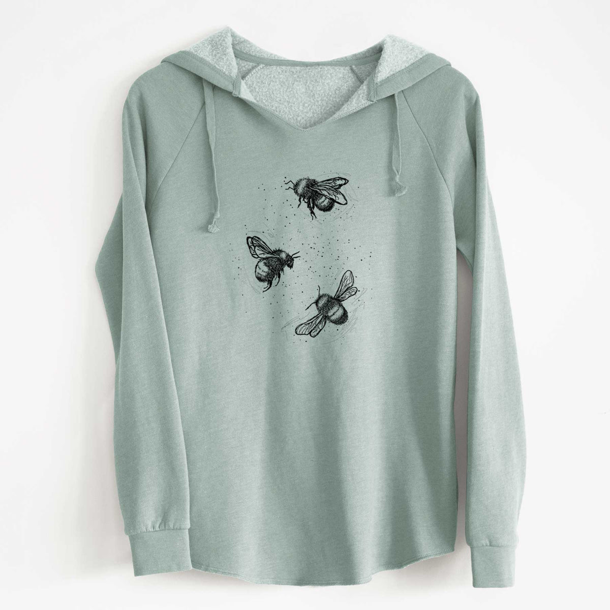 Sage green women's Cali Wave hooded sweatshirt laid flat, printed with a black ink illustration of three bumble bees flying.